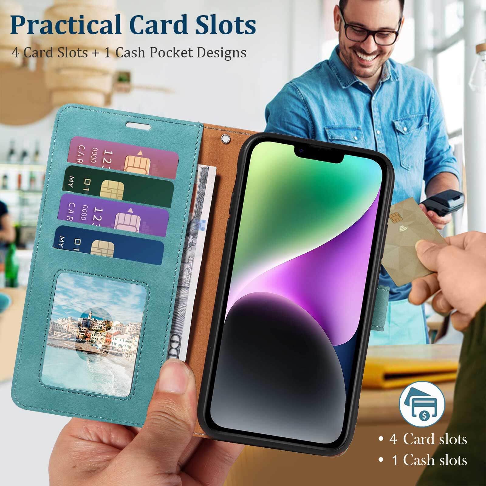 GOTOURED for iPhone 14 Plus Phone Case Wallet, RFID Blocking 4 Card Slots, Wrist Strap, Kickstand, Magnetic Closure - Image 2