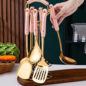 7 Piece Premium 304 Stainless Steel Cooking Utensil Set, Professional Cooking Utensil Set with Heat-Resistant S and Stand, Non-Stick, Easy to Clean Kitchen Tool Series,Pink