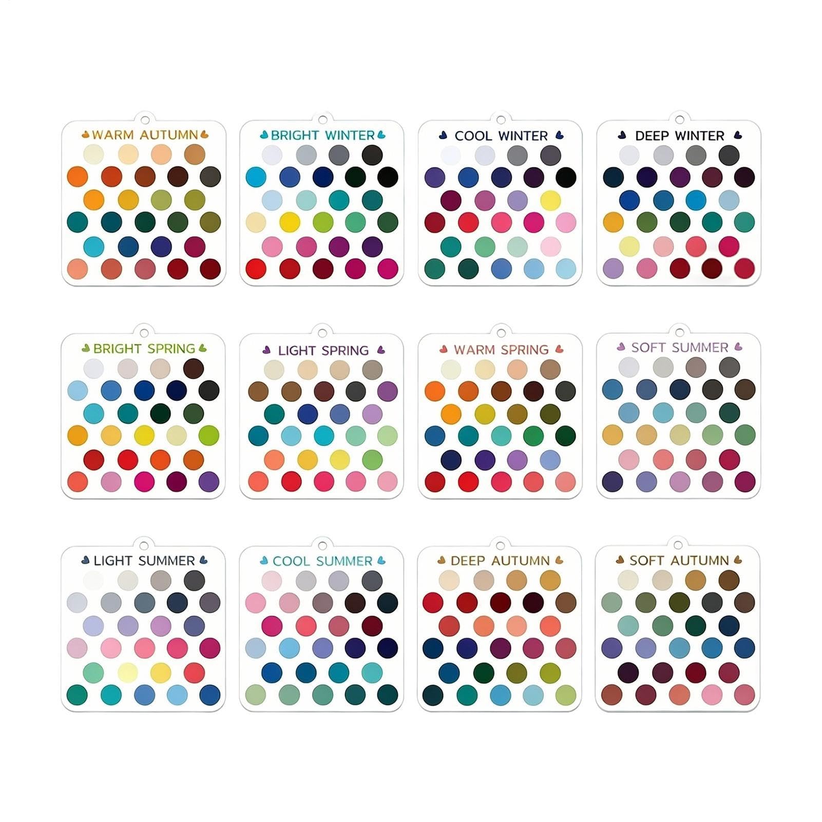 Cartes de sélection de couleurs saisonnières, lot de 12 pièces en acrylique portable, cartes à motifs de couleurs avec organiseur de porte-clés, guide pratique pour vêtements, rouge à lèvres, fard à