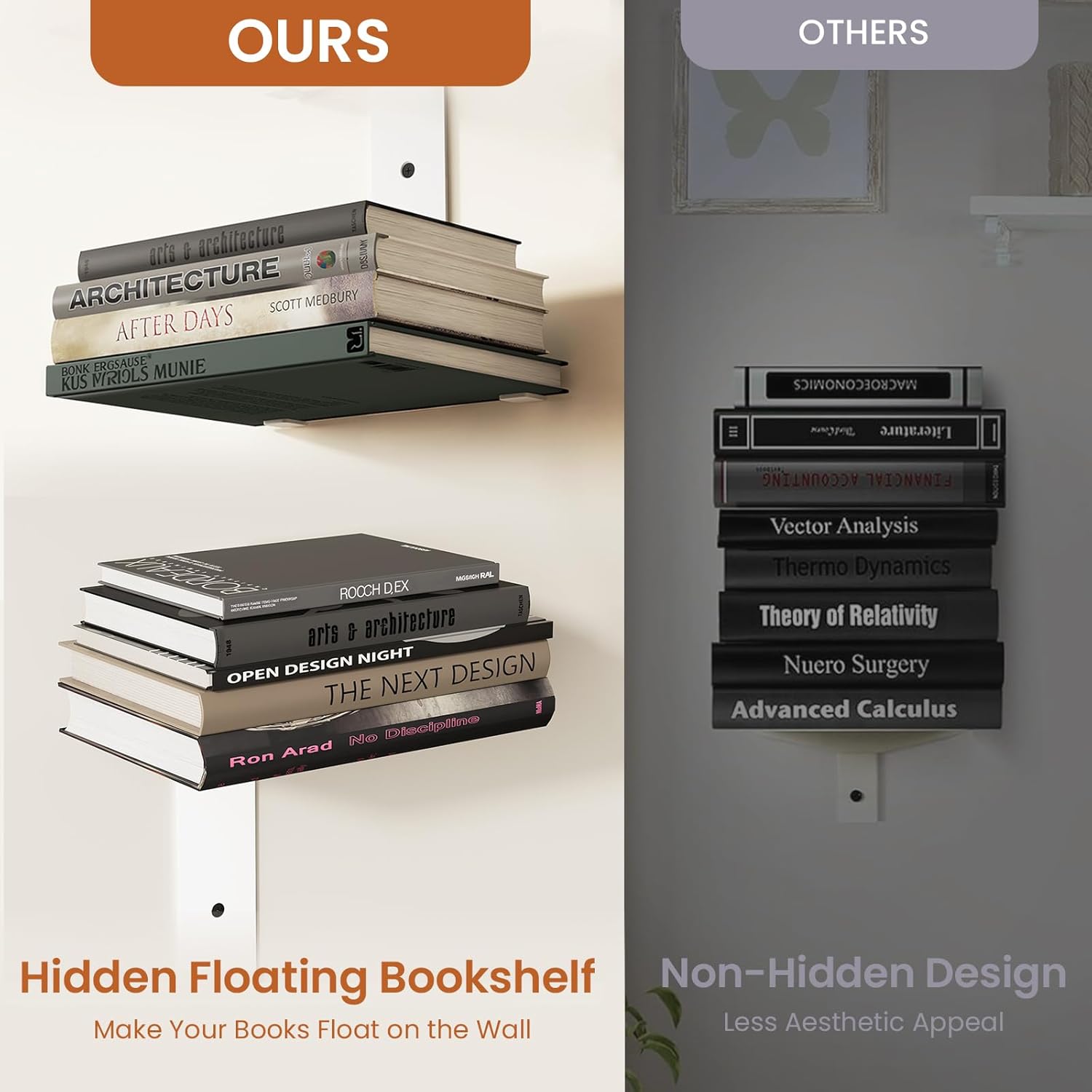 Floating Book Shelves for Wall, 8 Tier Invisible Bookshelves Heavy Duty Metal Loads 120LBS, Vertical Spine Book Tower Hanging Bookshelves, Shelves for Room Wall Mounted, 4 Pack White