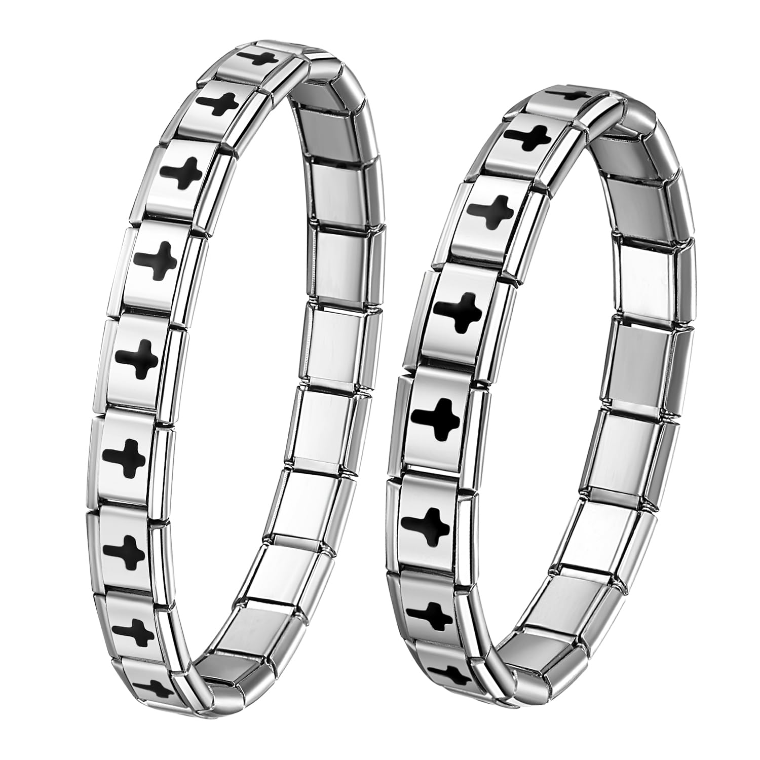 JewelryWe Italian Charms Bracelet für Paare, 9mm Kreuz Abnehmbar Module für Italienische Charm Armbänder Edelstahl Elastisch Freundschaft Partner Armband Italian Style Charms