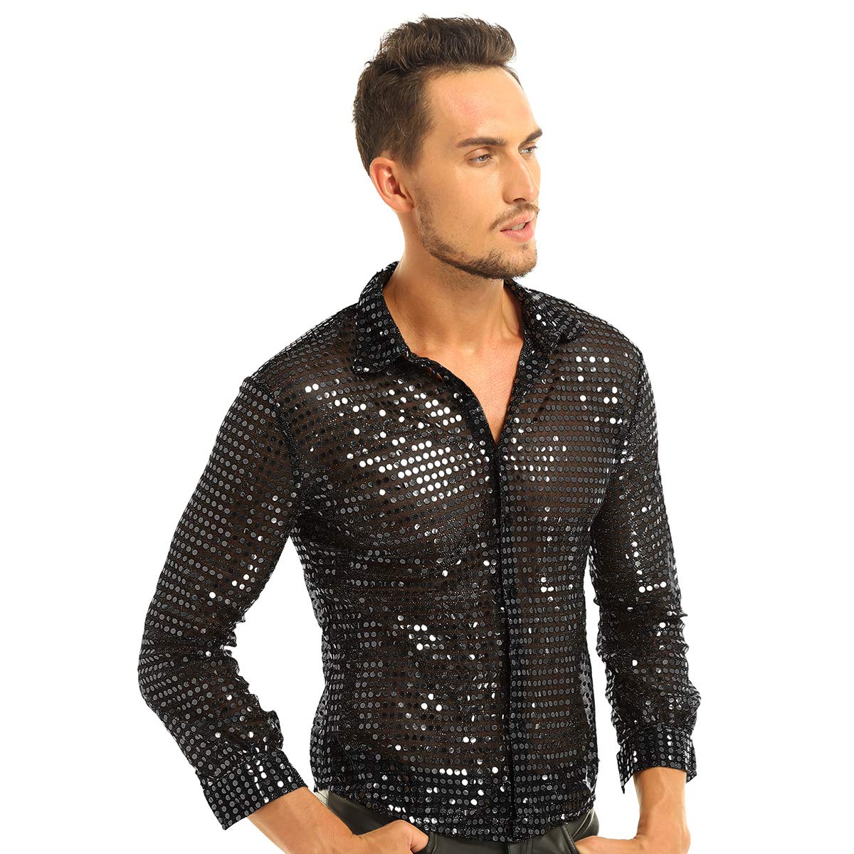 Aiihoo Men's Glitter Sequins 70s Disco Dance Shirts Long Sleeves Button Down Crop Top Dude Costume Black Large