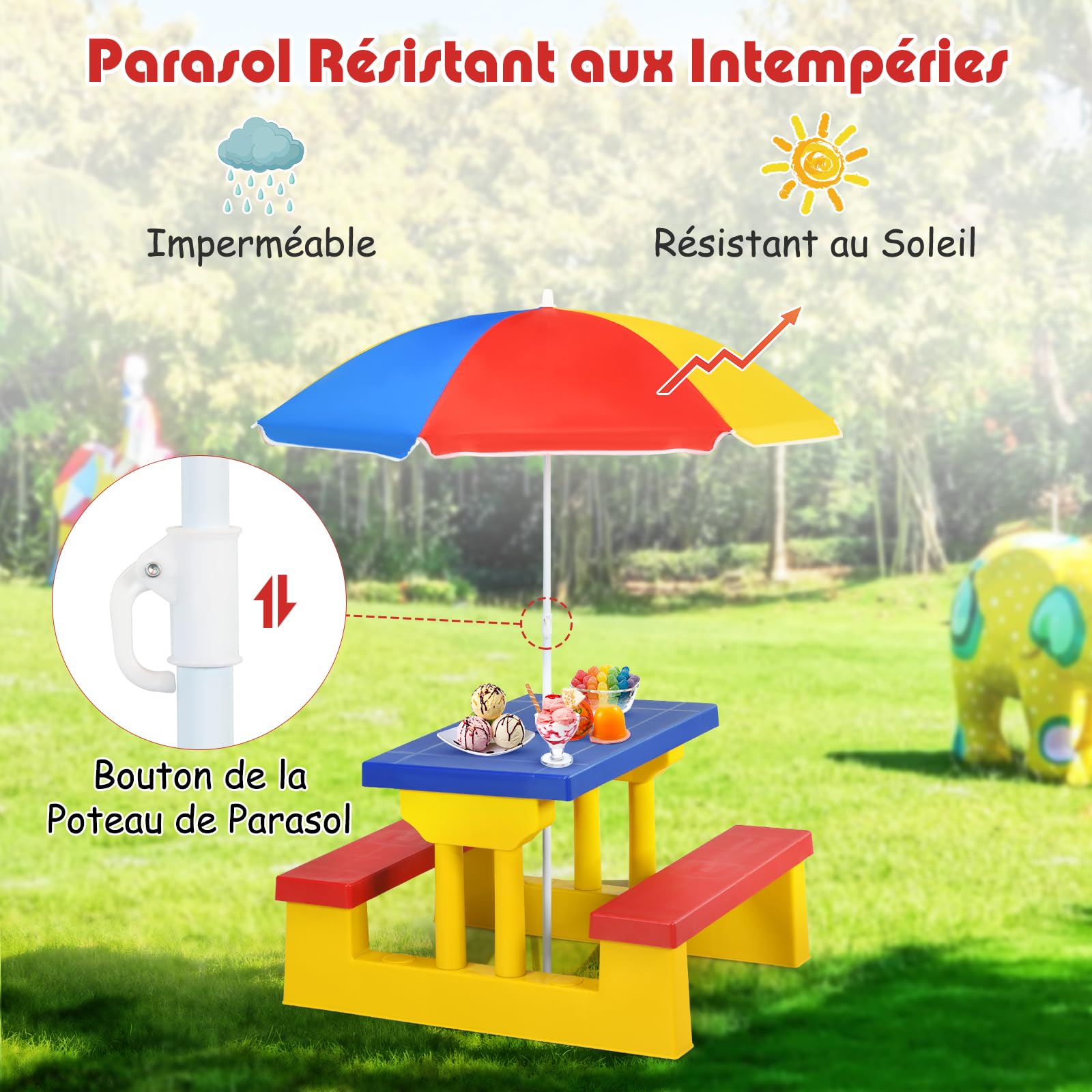 DREAMADE Table de Pique-Nique Enfant avec Parasol Amovible,Table Exterieur Enfants avec Banc,Matériau PP,pour Jardin,Terrasse,Patio,Balcon,67X41X47CM (Rouge + Jaune + Bleu)