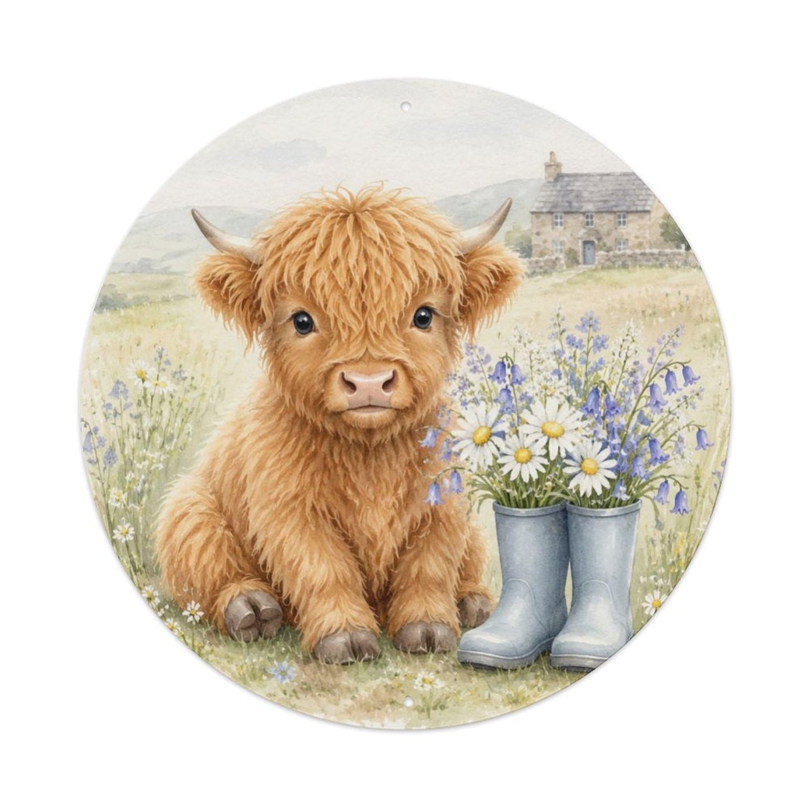 Watercolor Highland Calf Rain Boots Rustic Farm Animal Cute Metal Tin Sign Plaque Wall Decor for Cafe, Man Cave, Club Bar, Office, Home Garden Round Metal Poster 8x8Inch