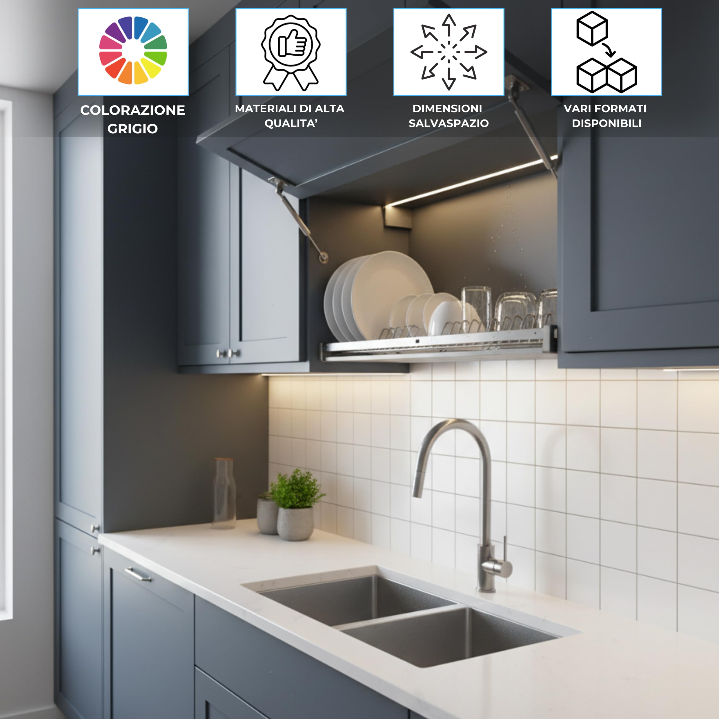 EffeDecor Scolapiatti Per Pensili da Incasso in Acciaio Inox Completo con Vaschetta Raccogligocce Ideale per Pensili da Cucina 76/86 cm Made in Italy (86 cm)