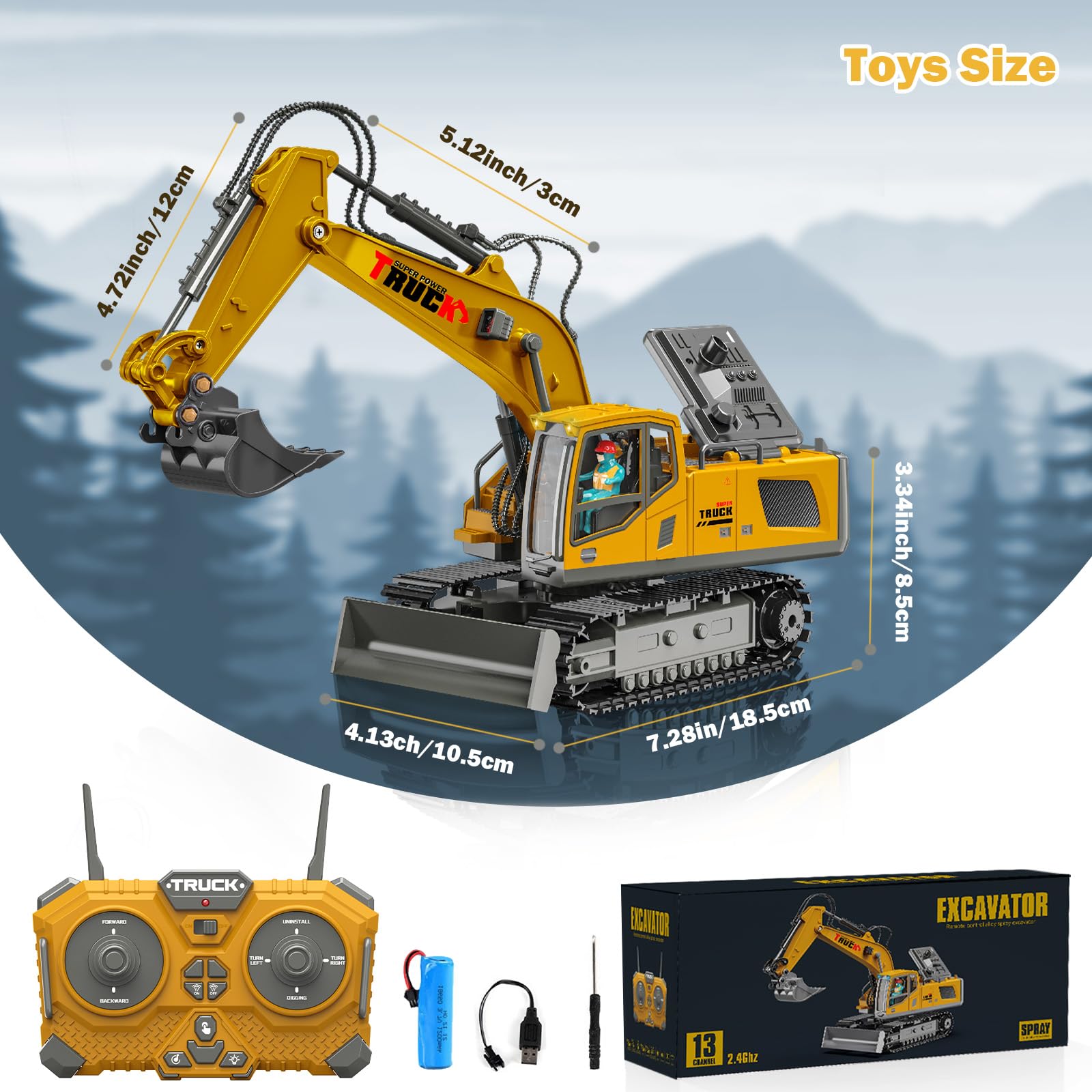 RedCrab Excavadora Teledirigido para Niños, 2.4 GHz Recargable RC Excavadora con el Cubo del Metal, Rotación 680°, Luz y Sonido, Juguete Camión Excavador Regalo de Cumpleaños Navidad