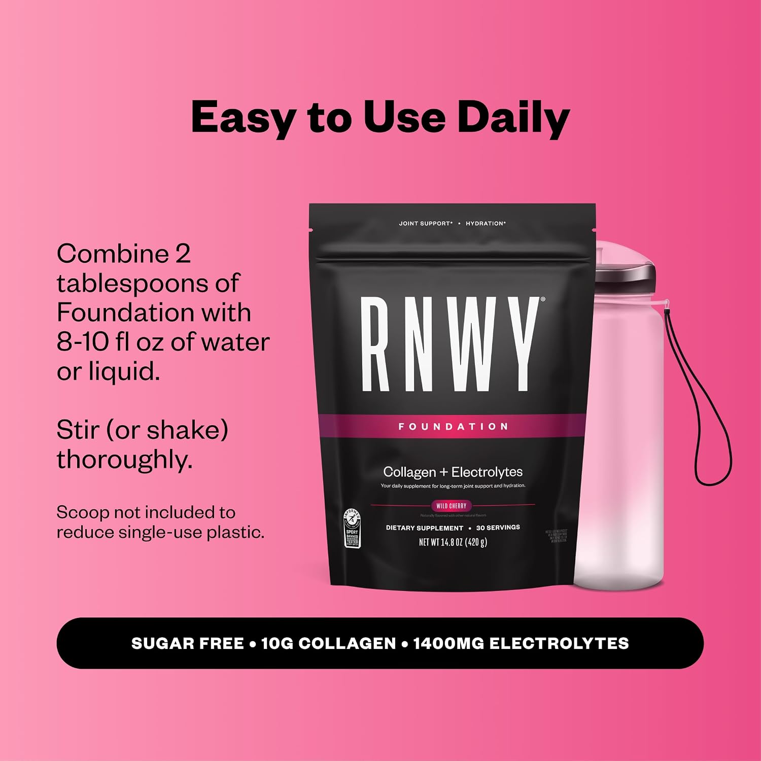 RNWY Foundation Collagen Peptides + Electrolytes Powder, 10g Hydrolyzed Collagen, Multivitamins | Joint & Hydration Support for Endurance Athletes | Sugar-Free, 30 Servings, Wild Cherry