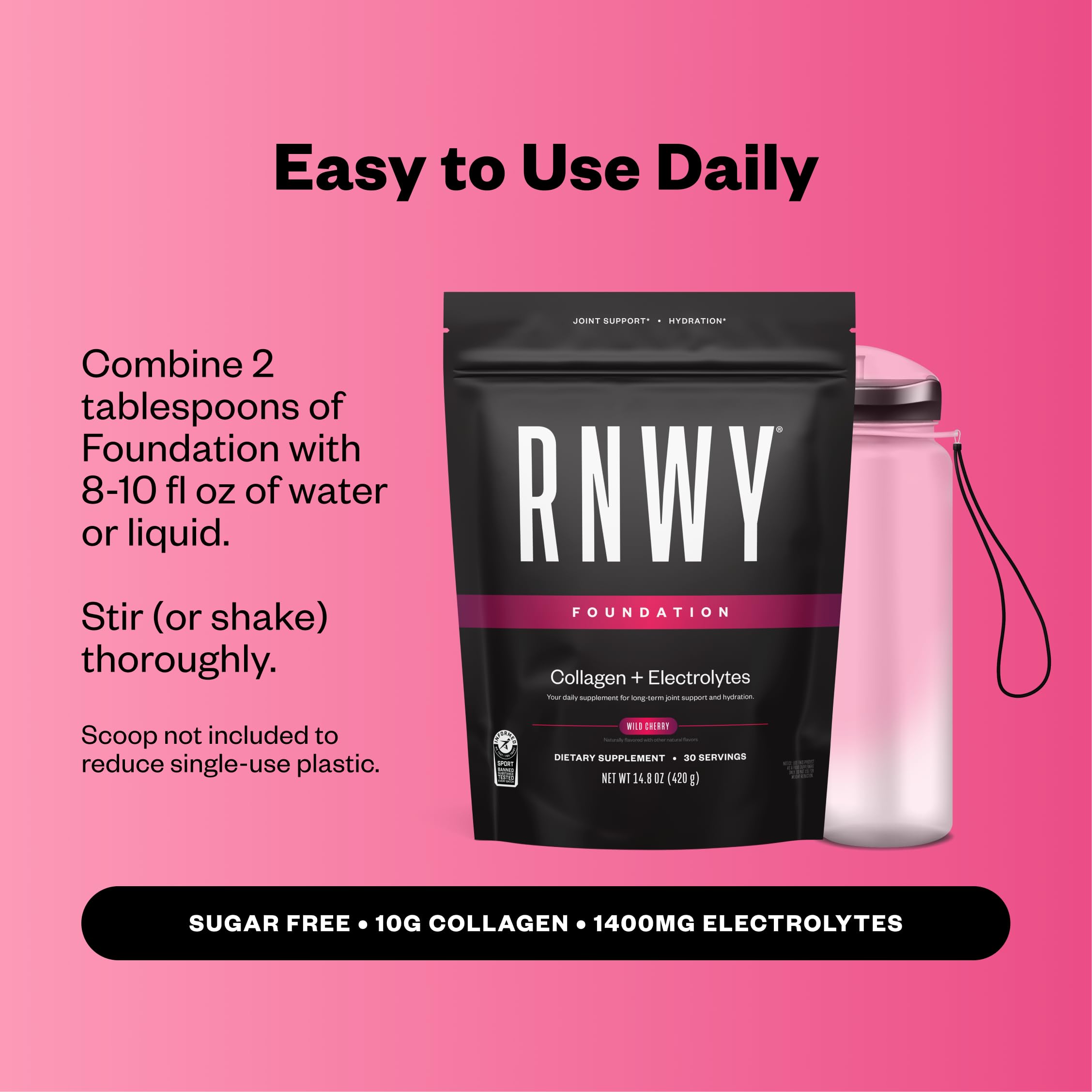 RNWY Foundation Collagen Peptides + Electrolytes Powder, 10g Hydrolyzed Collagen, Multivitamins | Joint & Hydration Support for Endurance Athletes | Sugar-Free, 30 Servings, Wild Cherry — Amazon image 5