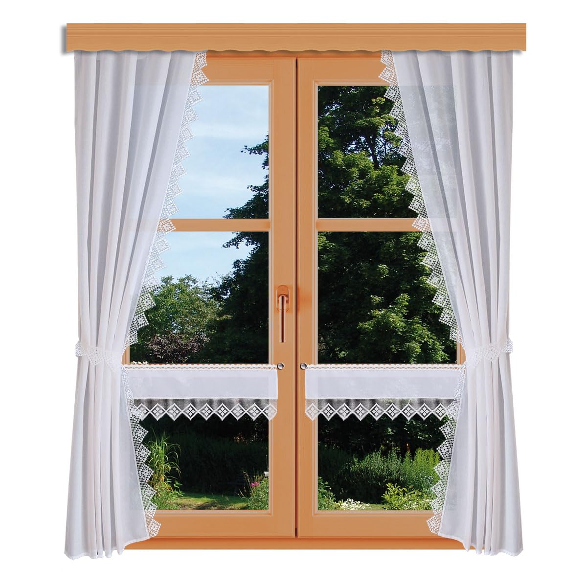 Feenhaus-Scheibengardine Lydia Vogtländische Spitze in weiß | Landhaus-Spitzengardine in geometrischer Häkelmusteroptik | fein gestickter Scheibenhänger mit Blumenmuster Höhe x Breite 47 x 67 cm