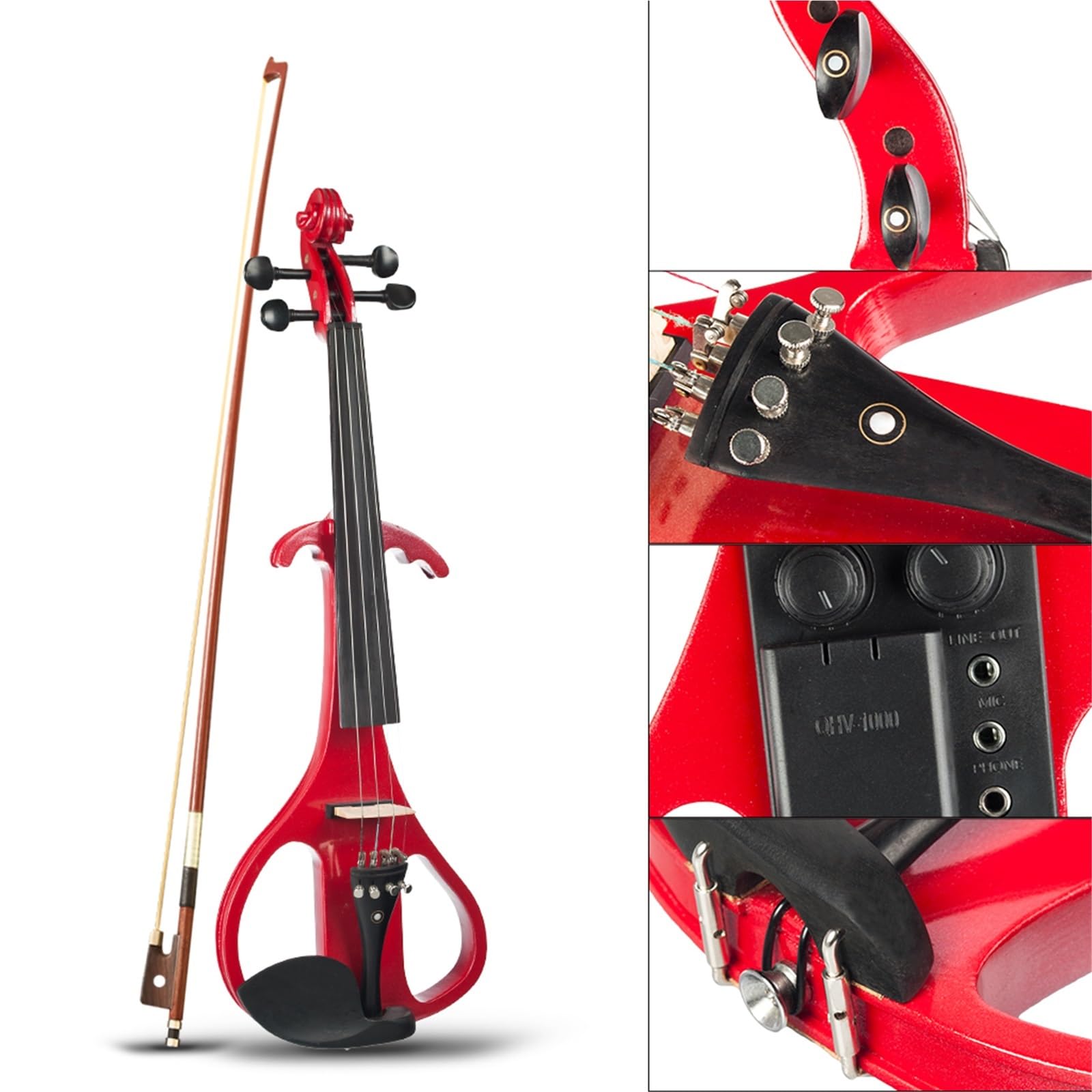 Violino Elettrico 4/4 Custodia Per Violino In Legno Elettrico Silenzioso Cavo Audio Arco Per Violinista KIT Per Principianti(Red)