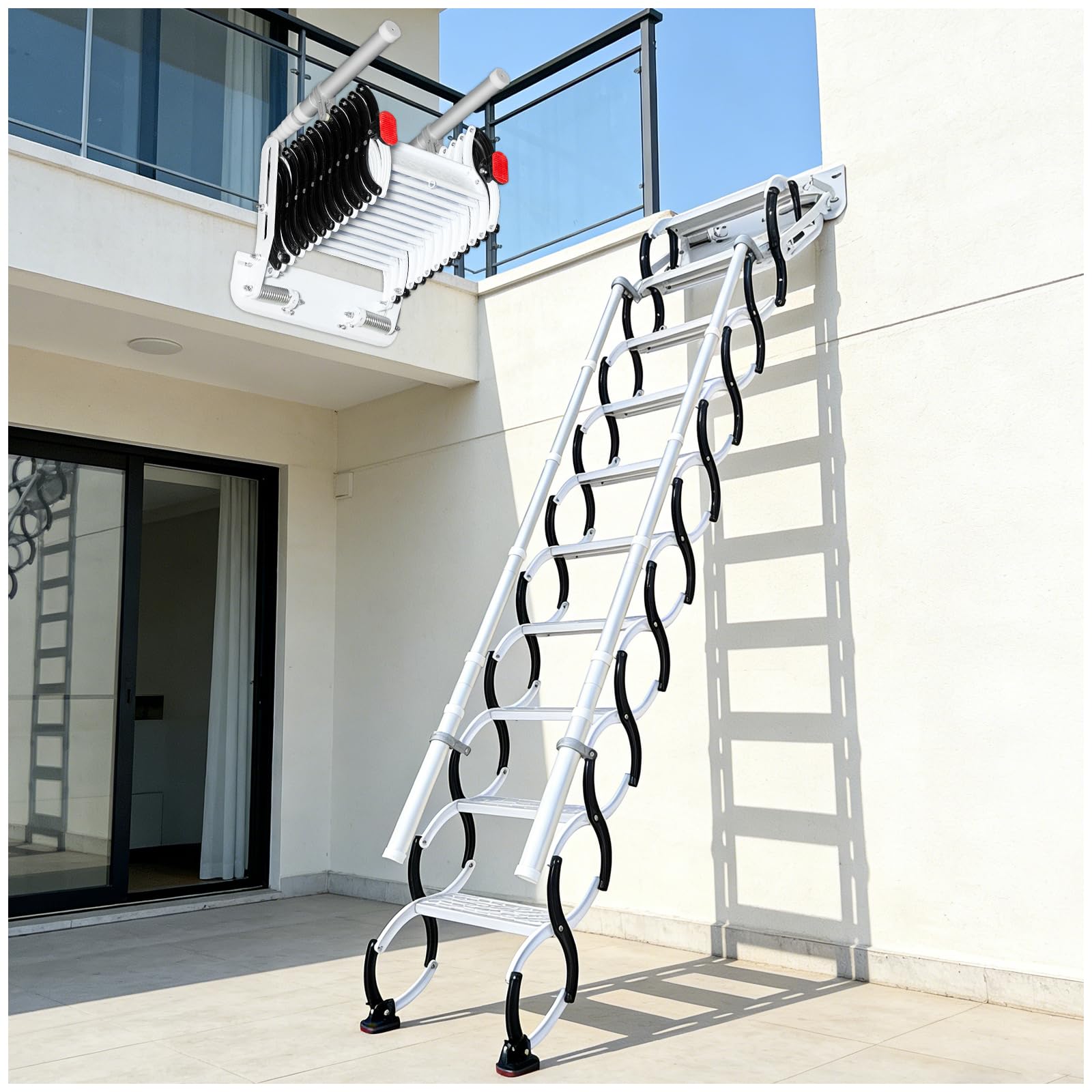 Escalera Plegable de Pared con 2 pasamanos, Escalera Telescópica para Ático Plegable, Capacidad 300 kg, Altura aplicable de 2.69 a 2.79 m (11 escalones)