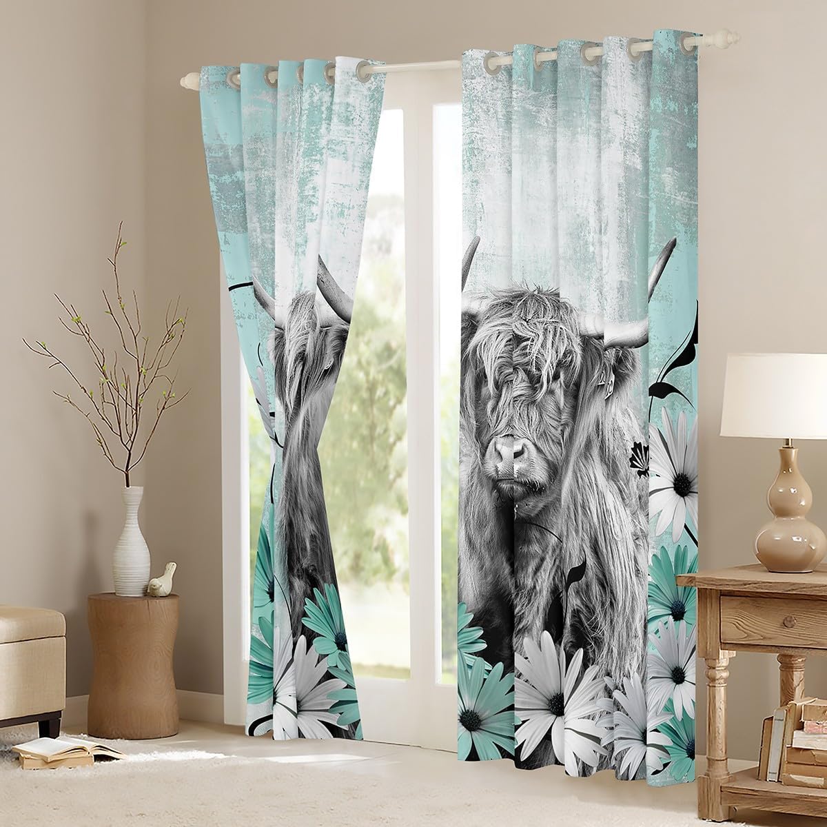 Erosebridal Highland Cow Print Curtains,Teal Western Longhorn Bull 30%-50% Blackout Curtains,Farmhouse Flower Daisy Decor for Living Room,Rustic Farm Cowboy Window Treatments 2 Panels,52 x 63 Inch