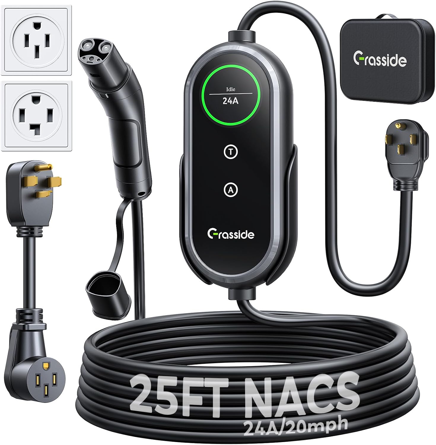 Level 2 Tesla Charger, 24Amp Adjustable Current & Timer, NEMA 14-30 Dryer Outlet & 14-50 Plug EV Charger, 25FT Cable with NACS Connector, Compatible with Tesla Models, for Home & Garage Use