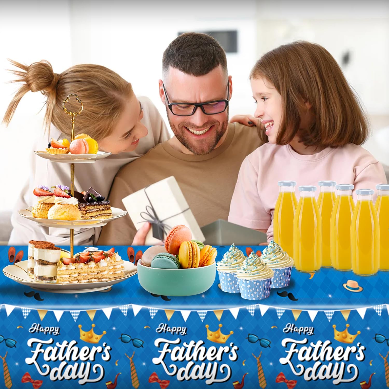 1PC Fathers Day Tablecloth Disposable - 108" × 54", Happy Fathers Day Table Cloth Best Dad Ever Necktie Gift Box Suit Tablecover Plastic Rectangle Table Cover for Dinner Party Decor