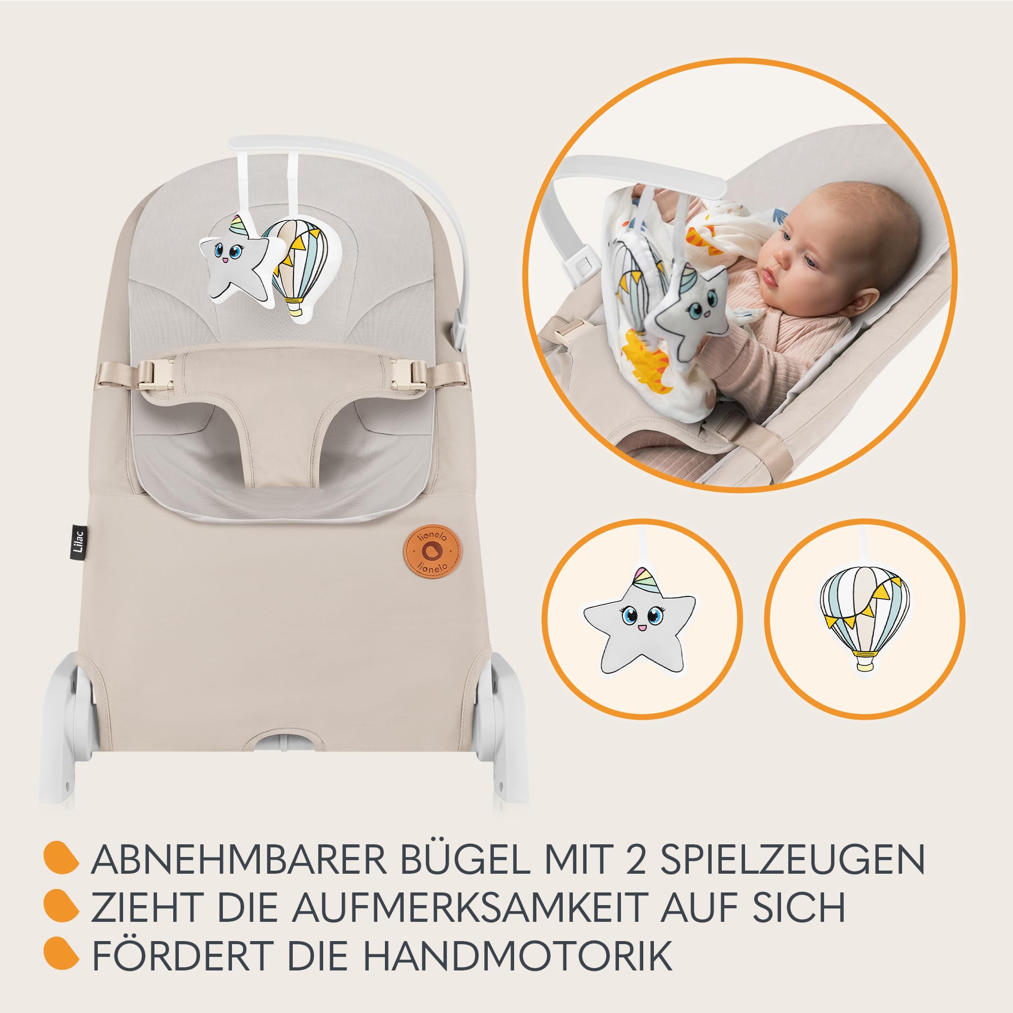 LIONELO LILAC Babywippe und -liege für Babys bis 9 kg, 0-6 Monate | 2-in-1 Babywippe, 2 Spielzeuge, Neigungseinstellung, 3-Punkt-Gurt, leicht 3,2 kg, flach zusammenklappbar