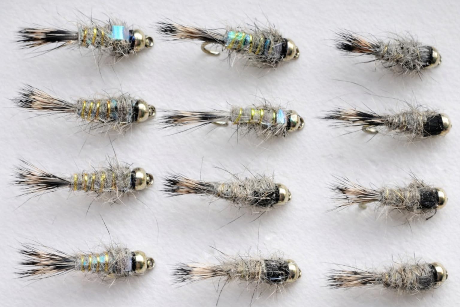 12 Pack Goldhead Hares Ear - Flash and Standard, Choice of Sizes, fly fishing (12, 16)