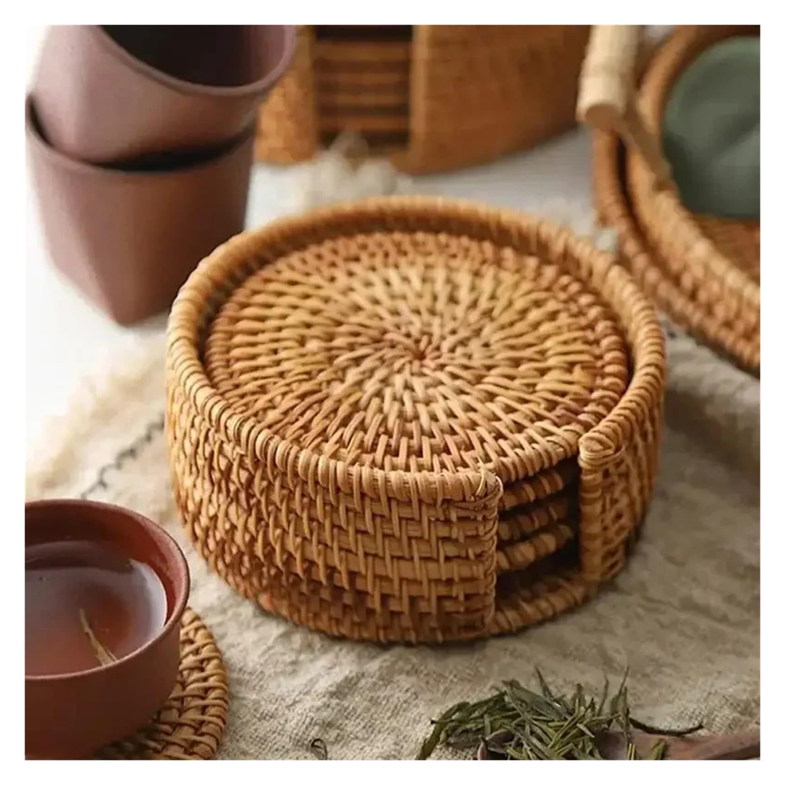 sous-Verres en rotin Fait à la Main, Ensemble de Vaisselle for cérémonie du thé, Dessous Verre Absorbant tissé, Bol isolé, 6 pièces