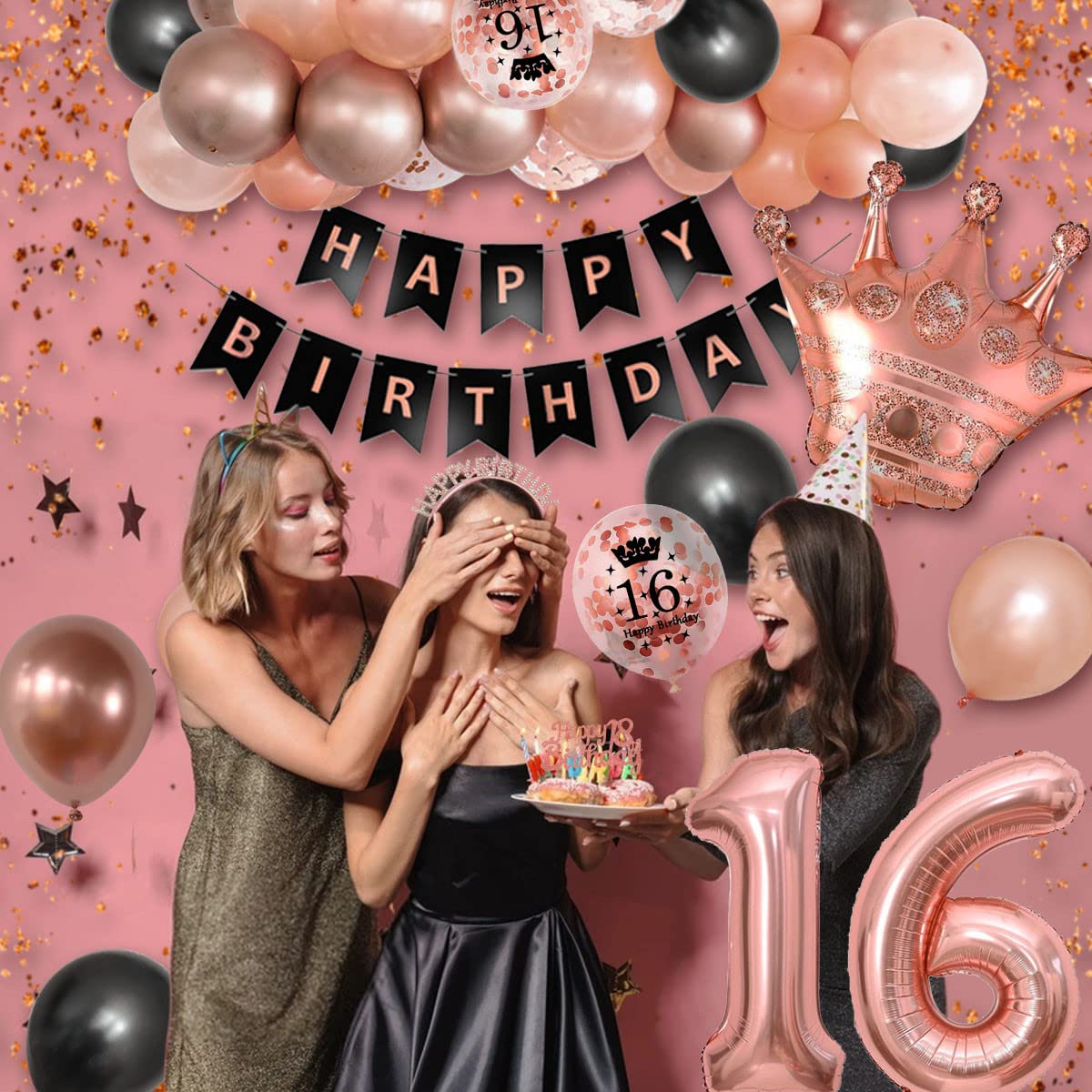 SWPEED Verjaardagsdecoratie voor 16e verjaardag, roségoudkleurige en zwarte decoraties, ballonnen, vlaggetjeslijn met de tekst 'Happy Birthday', confettiballonnen, voor meisjes