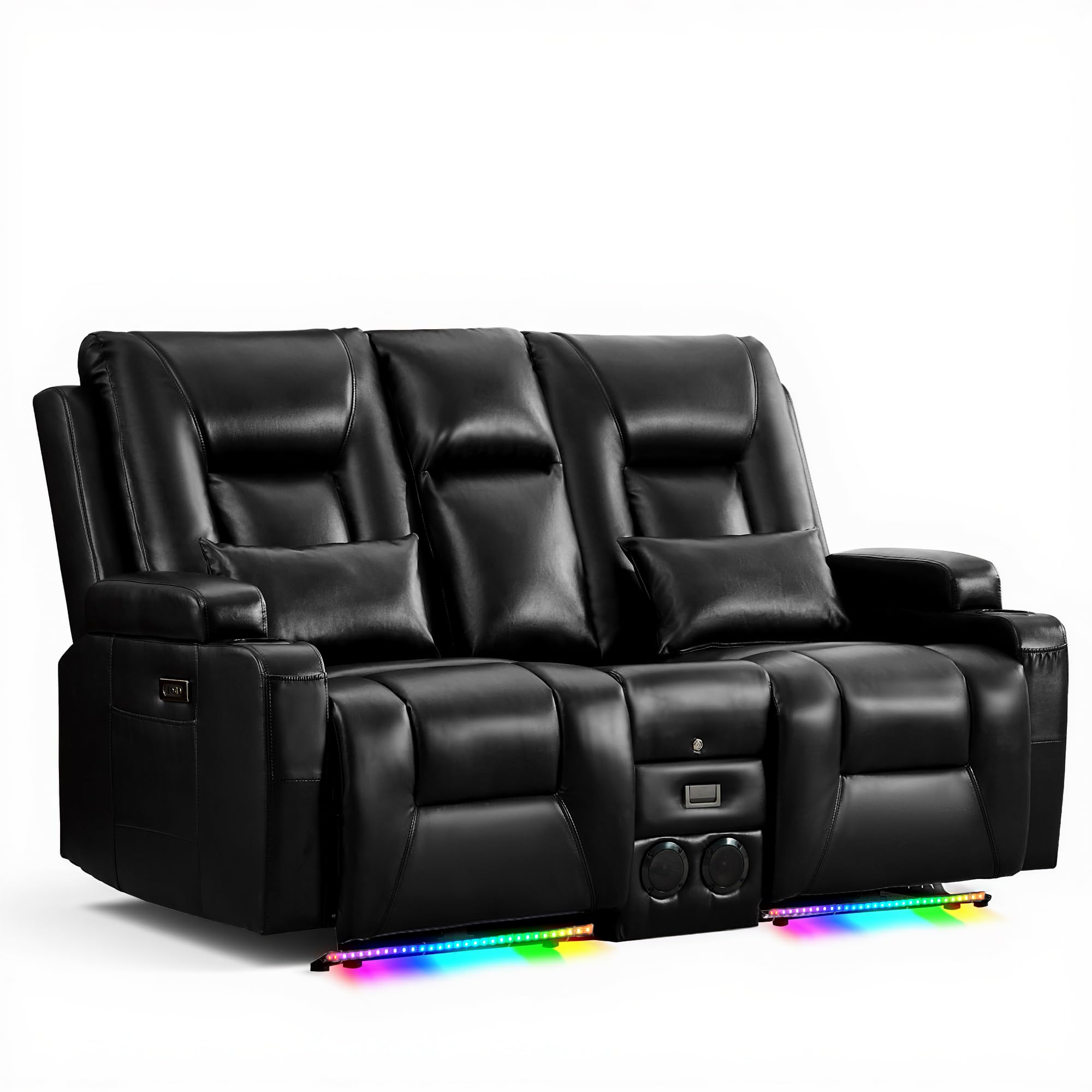 URRED Power Loveseat Recliner Sofa with Flipped Backrest Console, Wall Hugger RV Reclining Loveseat Sofa Couch with LED Light/Bluetooth Speakers/USB/