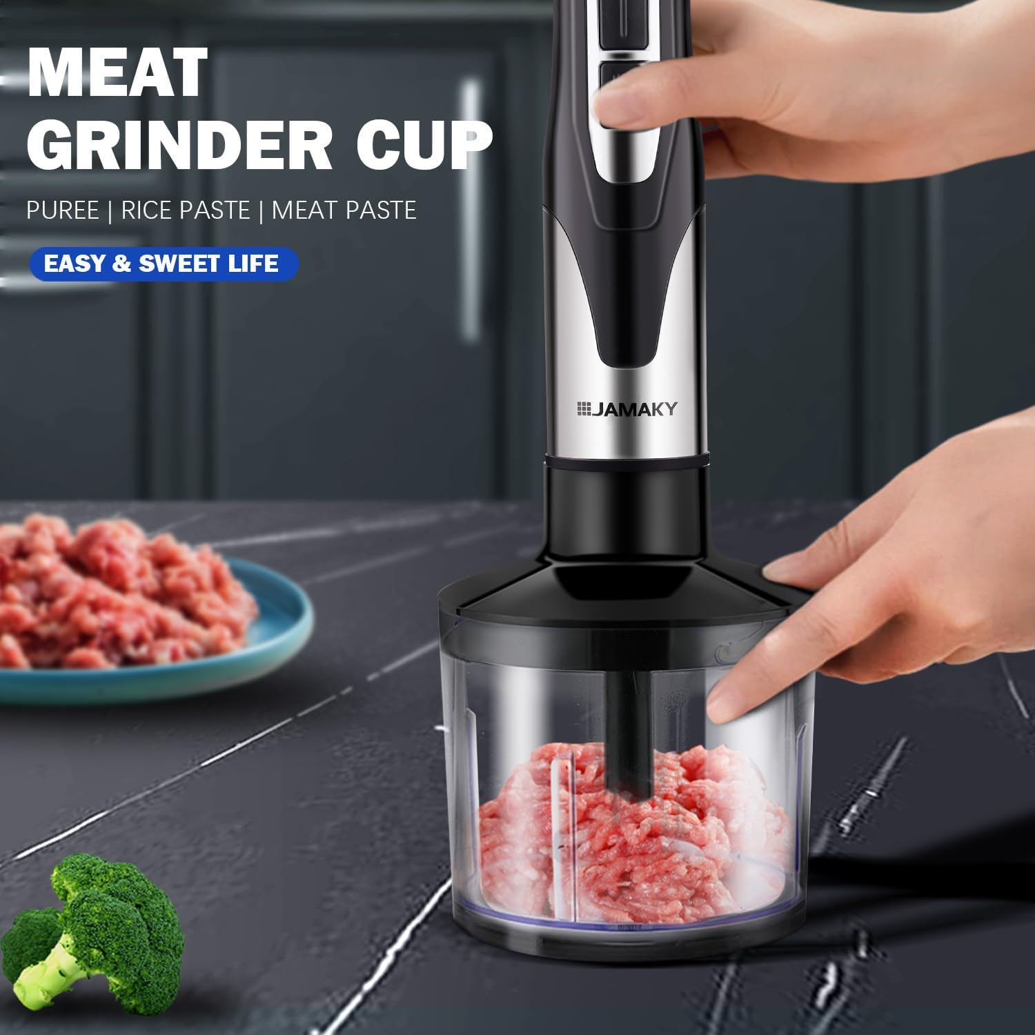 Batidora De Mano, Batidora De Mano 4 En 1 2000w, 2 Velocidades De Licuado, Cuchillas De Acero Inoxidable 304, Vaso De Precipitados De Plástico Sin Bpa, para Comida para Bebés, Batidos, Sopa