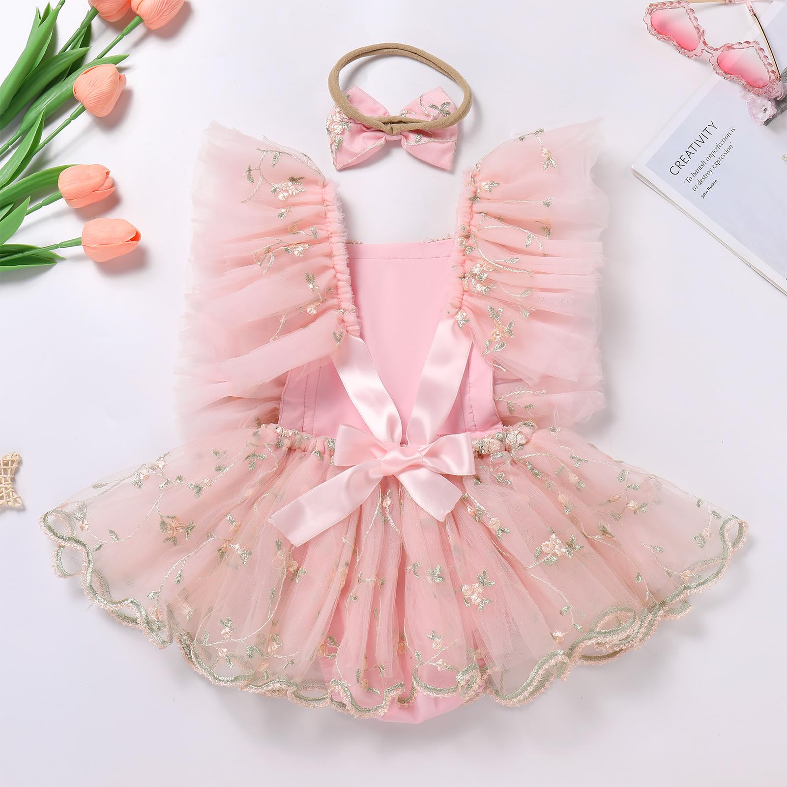 IDOPIP Baby Girls Lace Romper Dress Headband Newborn Clothes Infant Boho 1st Birthday Outfits Ruffle V-Backless Jumpsuit Bodysuit Floral Embroidery Pageant Dresses for Cake Smash Pink 0-3 Months