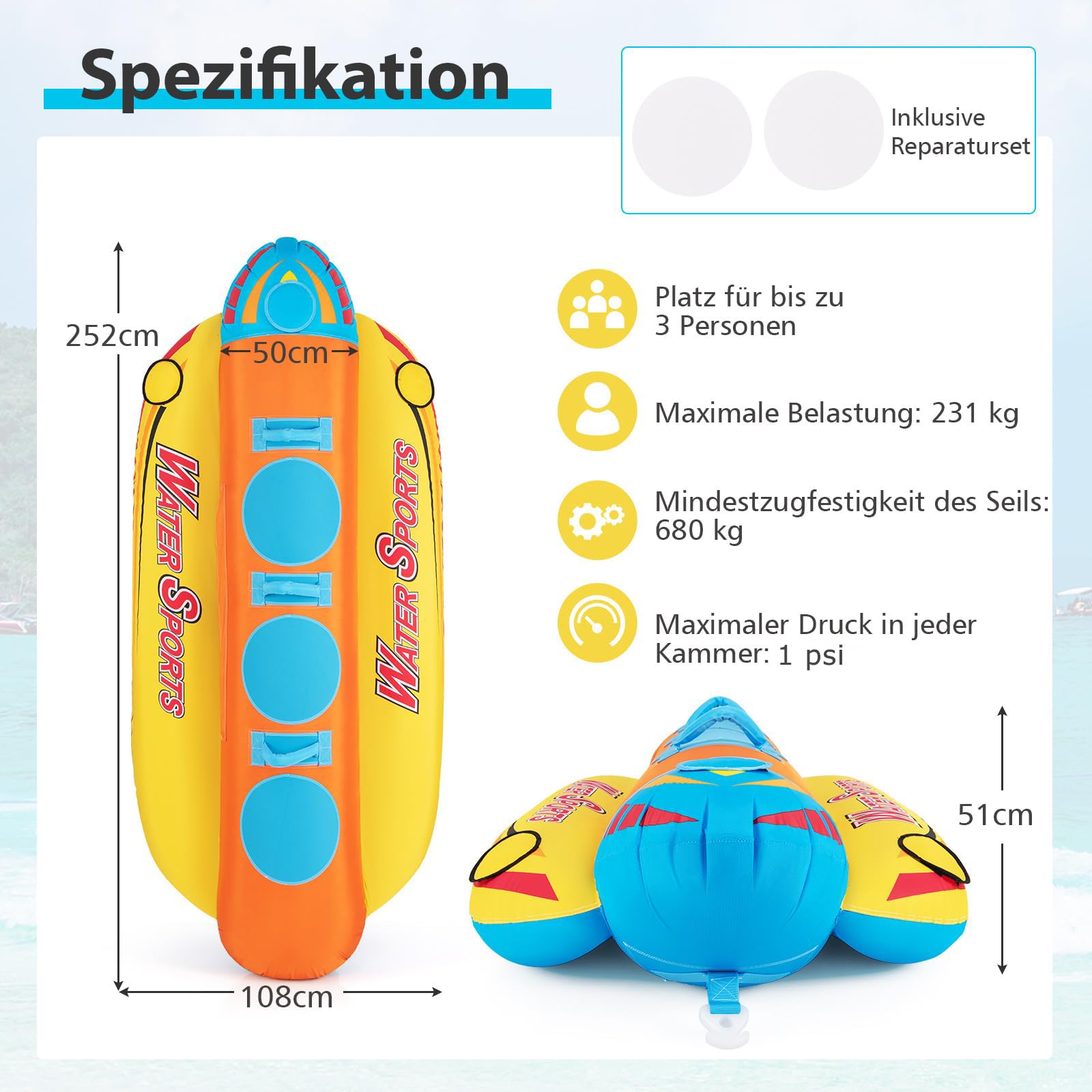 GOPLUS Łódź bananowa, Towable dla 3 osób, Funtube nadmuchiwana do łodzi, pontonów, do pływania łodzią, sportów wodnych, z kompletną nylonową osłoną, wkładkami EVA, obciążenie do 231 kg