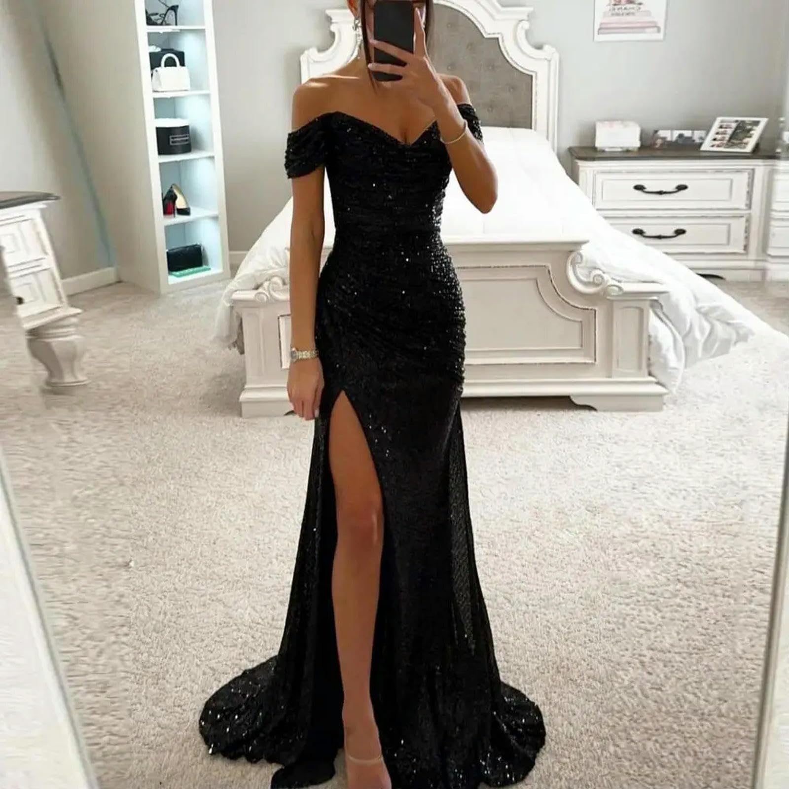 Gyios dress Off-shoulder Gown Dress Elegant Sequin V-neck Maxi Dress For  Evening Party Prom Off Shoulder Slim Split Long Dress-c-l : Amazon.co.za:  Jewellery & Luggage