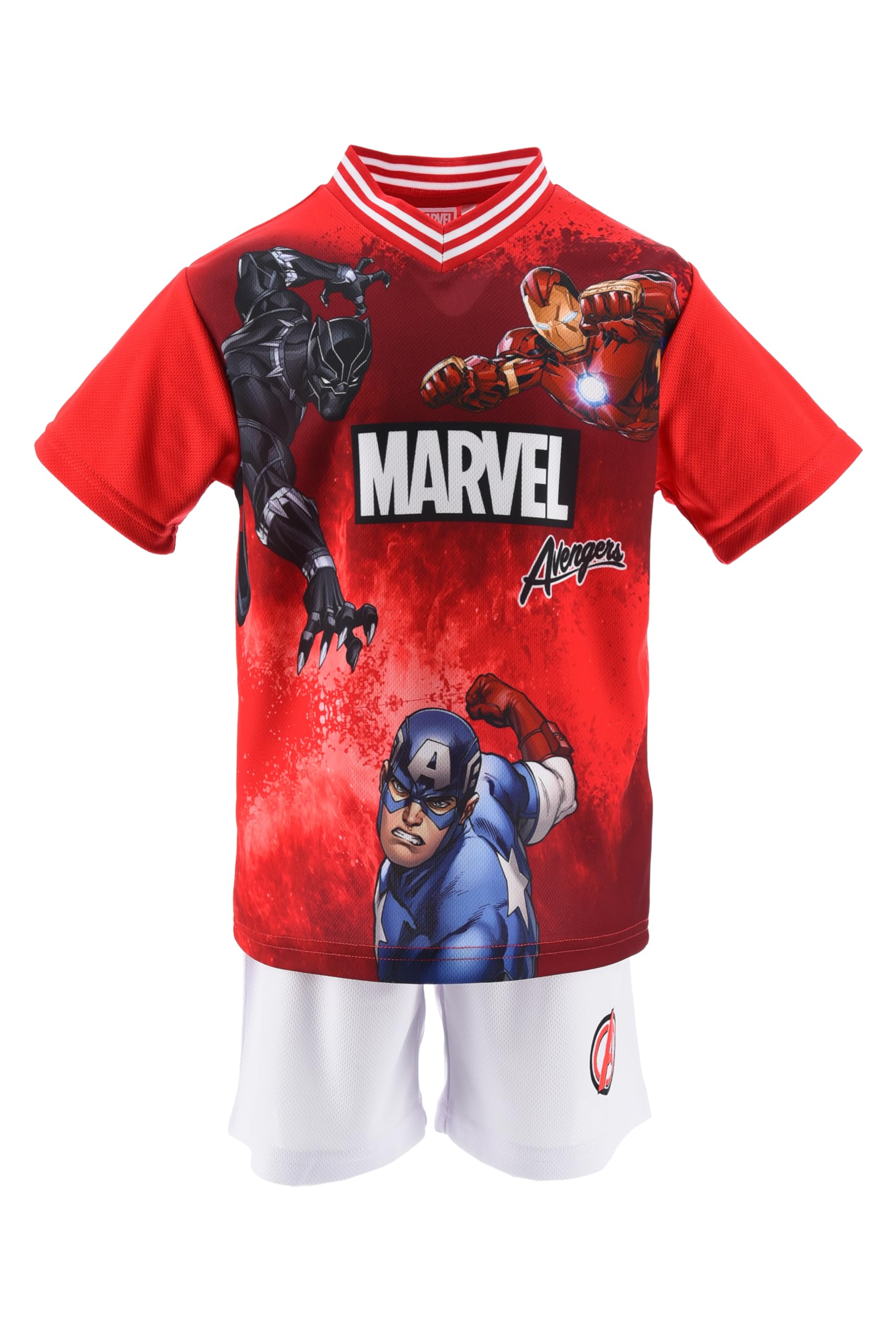 Marvel Avengers Completo Bambini, T-Shirt a Maniche Corte e Pantaloncini, Tessuto Leggero e Traspirante, Stampa Captain America, Iron Man, Black Panther