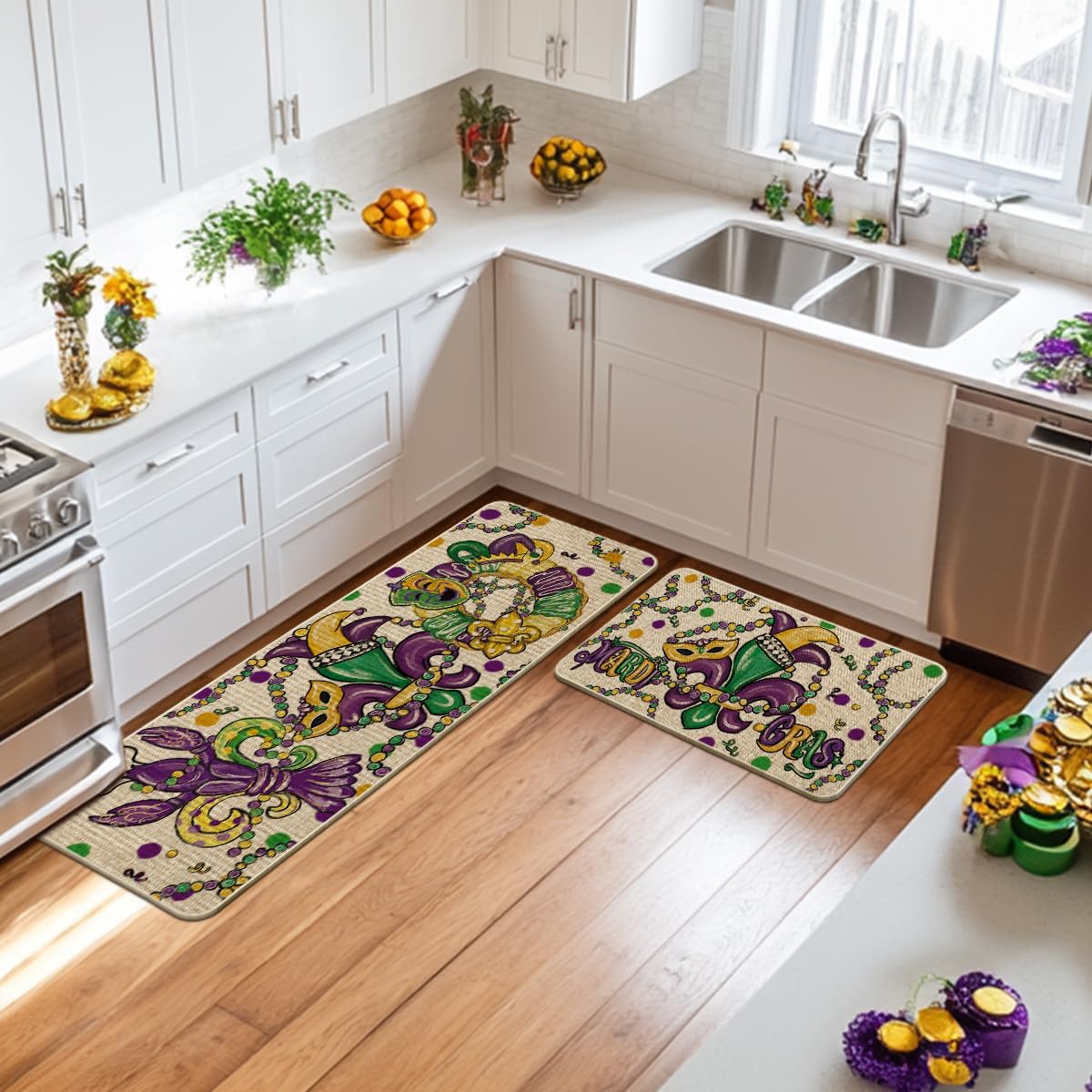 Artoid Mode Beige Lobster Irises Mask Doughnut Beads Mardi Gras Kitchen Mats Set of 2, Home Decor Low-Profile Kitchen Rugs for Floor - 17x29 and 17x47 Inch