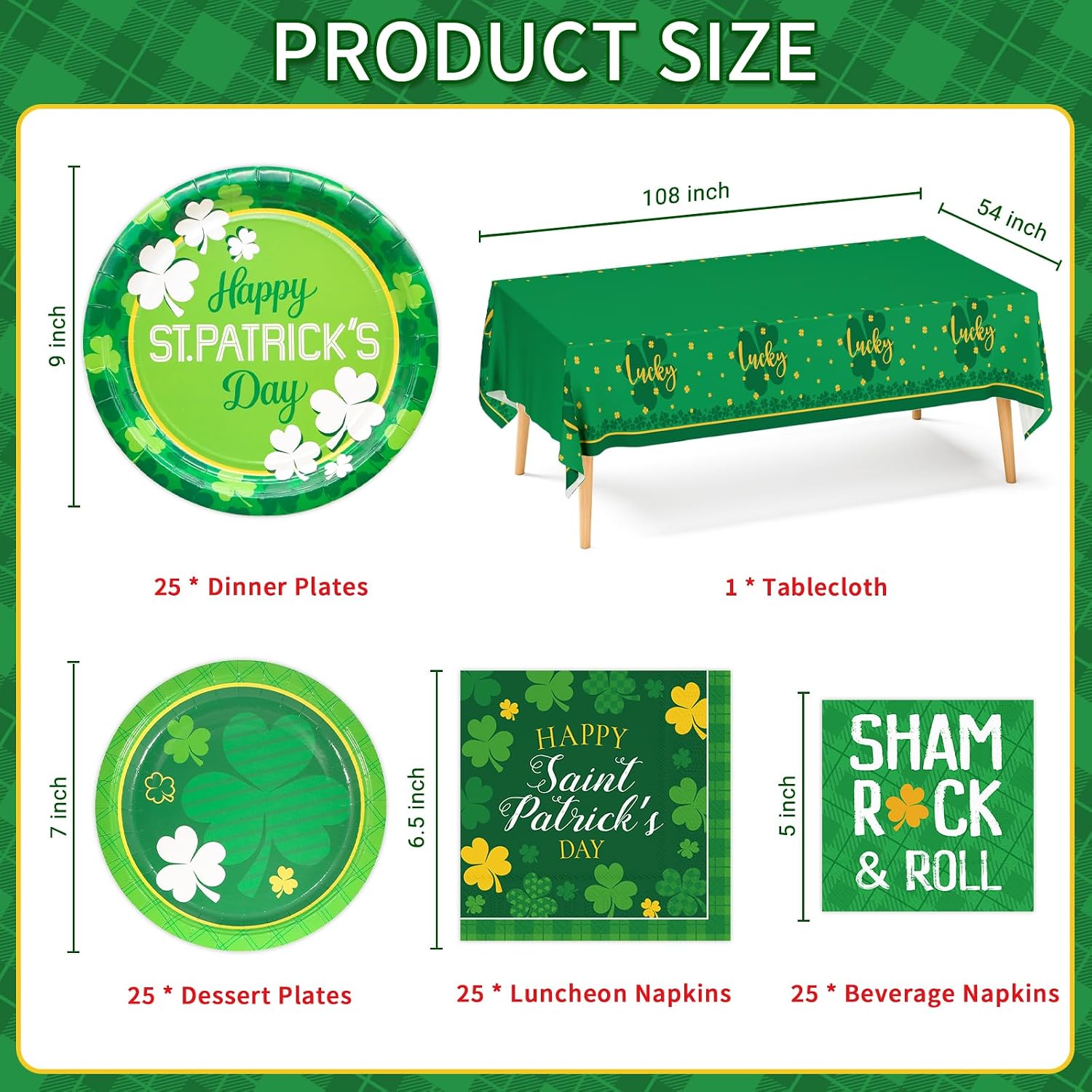 St. Patrick's Shamrock Party Supplies, Irish Clover Themed Disposable Plates Napkins and Tablecloth Tableware Set for Irish Shamrock and Roll Party Happy Saint Patricks Party Decorations, Serve 25