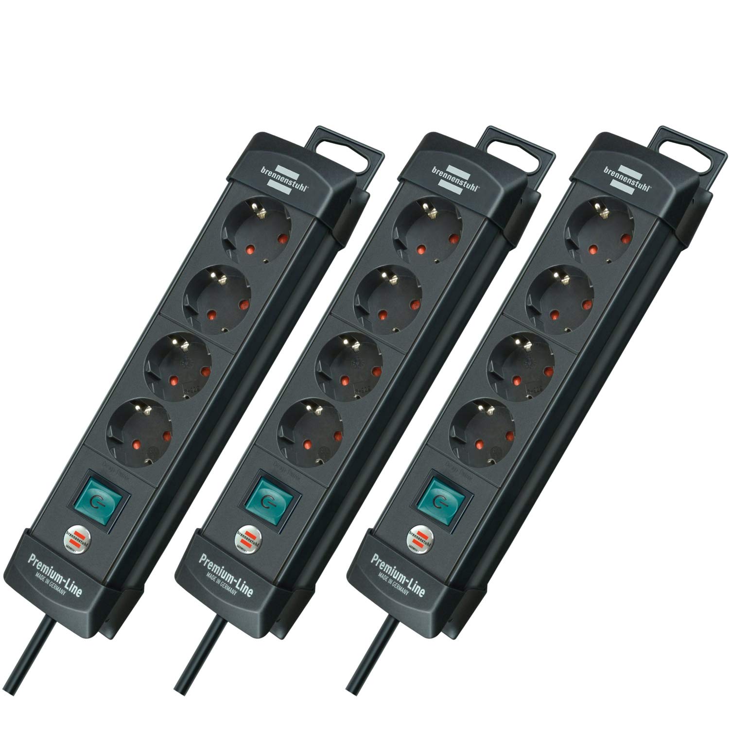 Brennenstuhl Regleta de 4 enchufes (regleta con interruptor y cable de 1,8 m, ángulo de 45° de los enchufes de protección de contacto), color: negro (3 unidades)