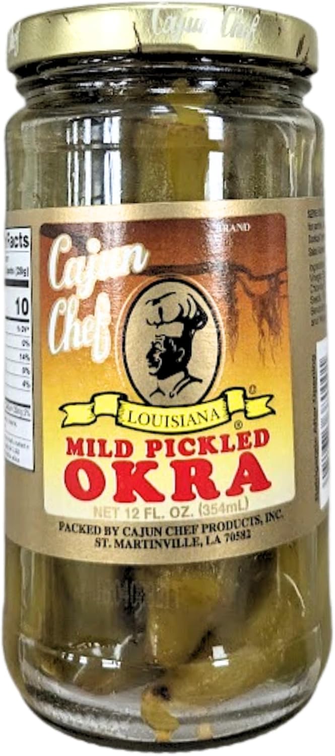 Cajun Chef Mild Pickled Okra 12oz (Pack of 1) - Great in Bloody Mary's - Versatile Garnish for Sandwiches, Salads, Martini's, Cheese Boards, and More (Mild Pickled Okra 12oz)