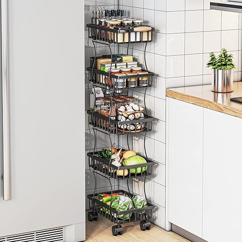 Wisdom Star 5 Tier Fruit Vegetable Basket for Kitchen, Fruit Vegetable Storage Cart, Vegetable Basket Bins, Wire Storage Basket Organizer Utility Cart with Wheels, Medium, Black
