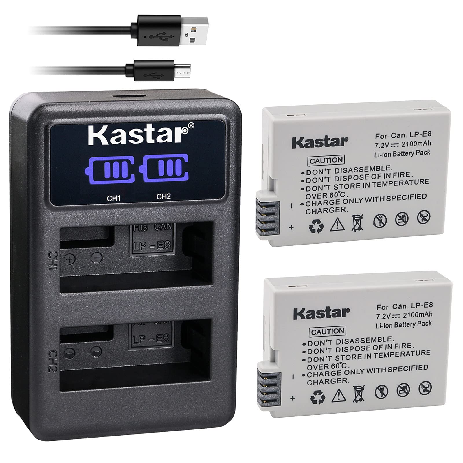 Kastar Battery x2 + Dual LCD Charger for Canon LP-E8 LPE8 LC-E8 and Canon EOS Rebel T2i T3i T4i T5i, Canon EOS 550D EOS 600D 650D EOS 700D, Canon EOS