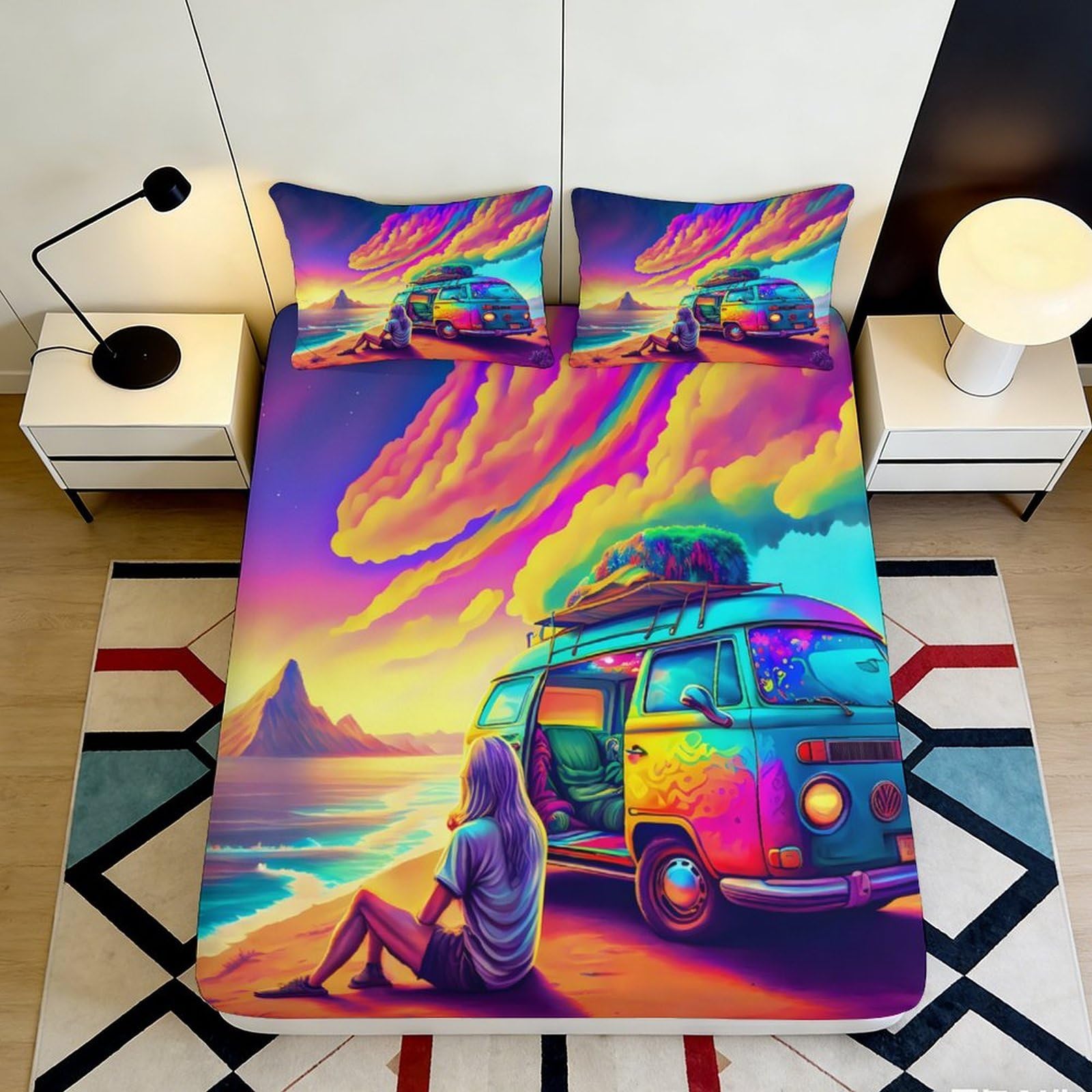 3D Printed Colorful Van Beach Scene Fitted Sheet Microfiber Soft Breathable Vibrant Sunset Mattress Cover for Bedroom Dormitory Guest Room Decor 200x200x25cm