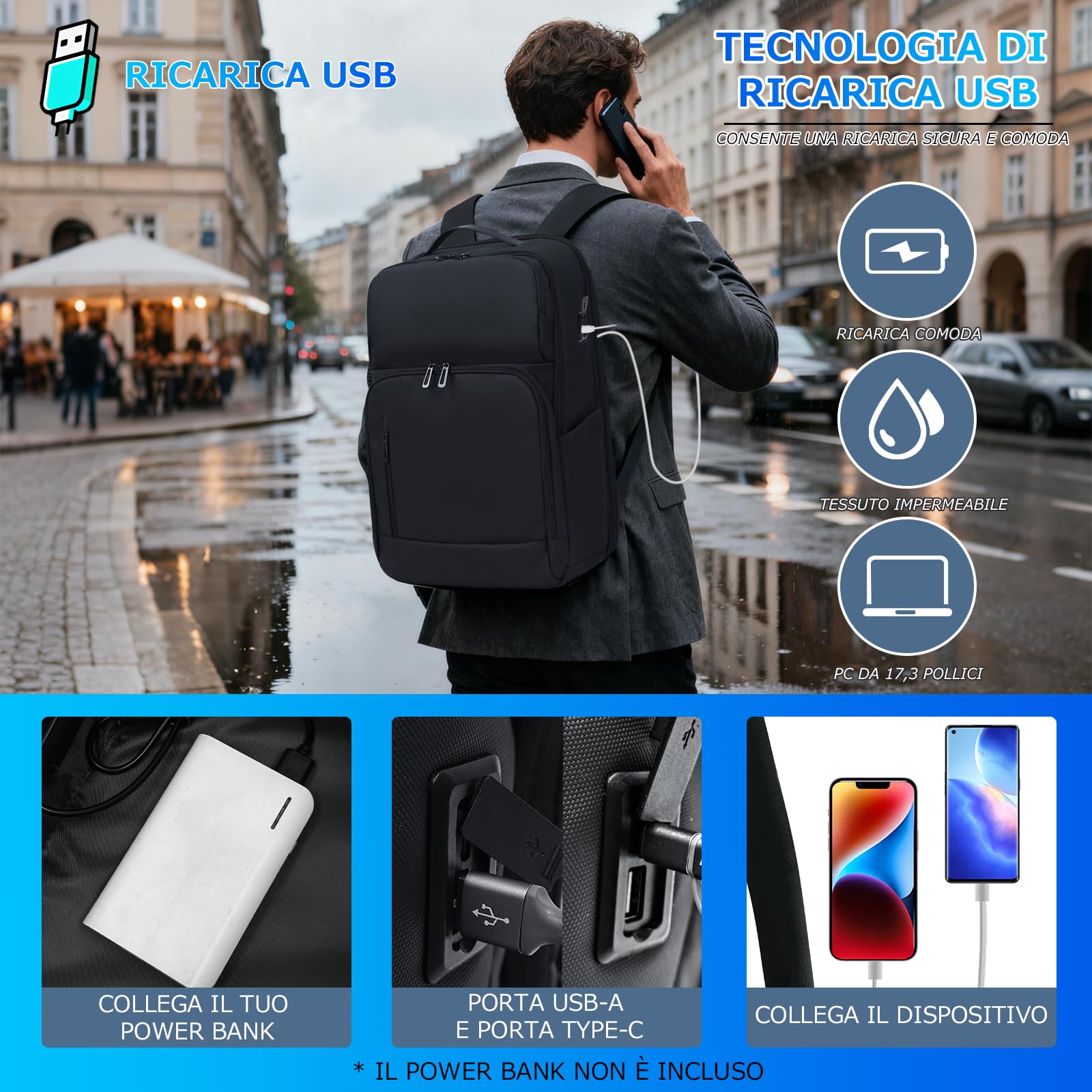 KINGSLONG Zaino per computer portatile da 17 pollici: zaino impermeabile per uomo/donna con porta USB per viaggiare