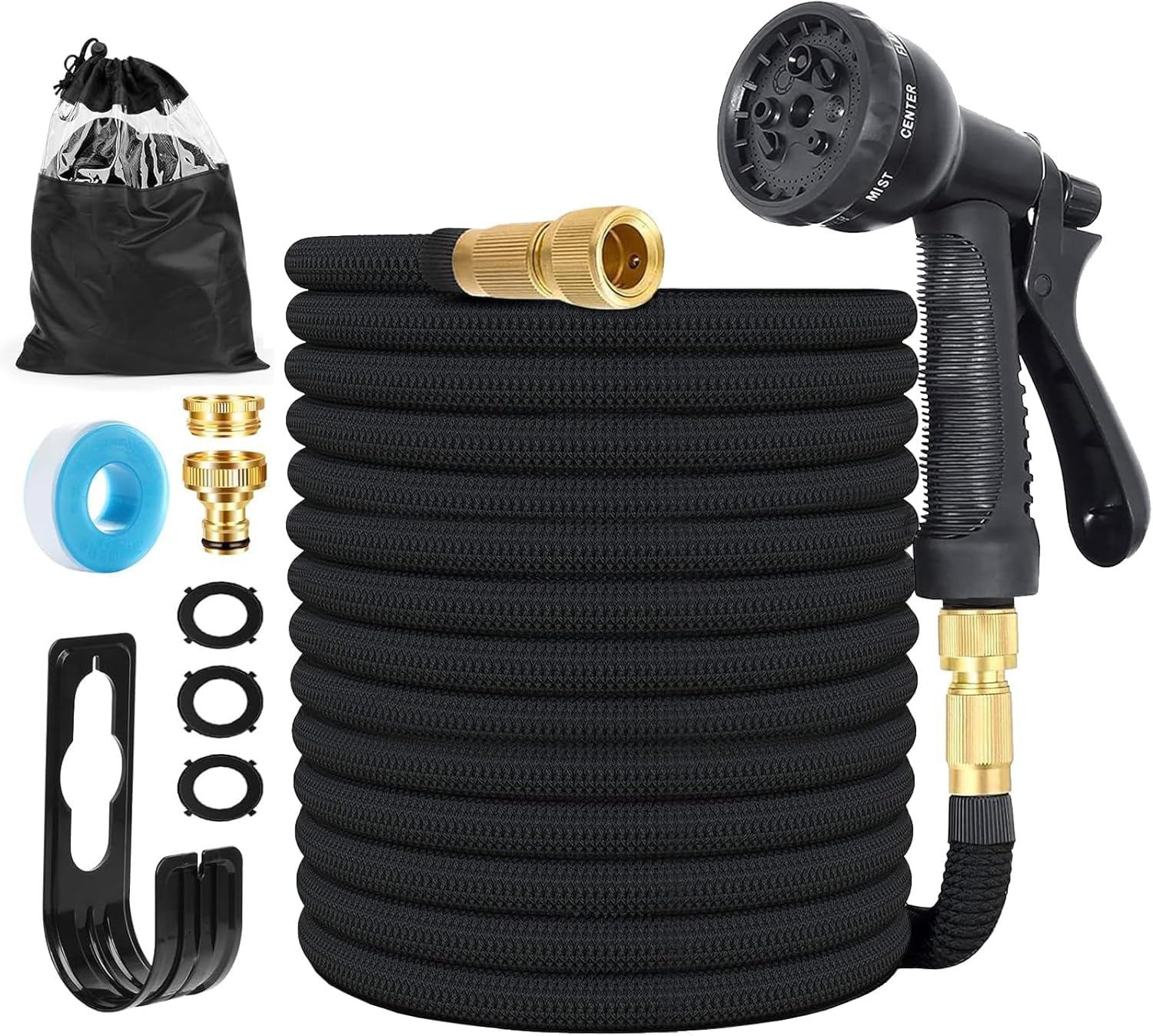 Tubo da giardino estensibile da 30M (10M*3), ugello a spruzzo a 8 funzioni, tubo interno con anima in lattice migliorata Adatto per rubinetti da 1/2" e 3/4", gancio e borsa per il trasporto