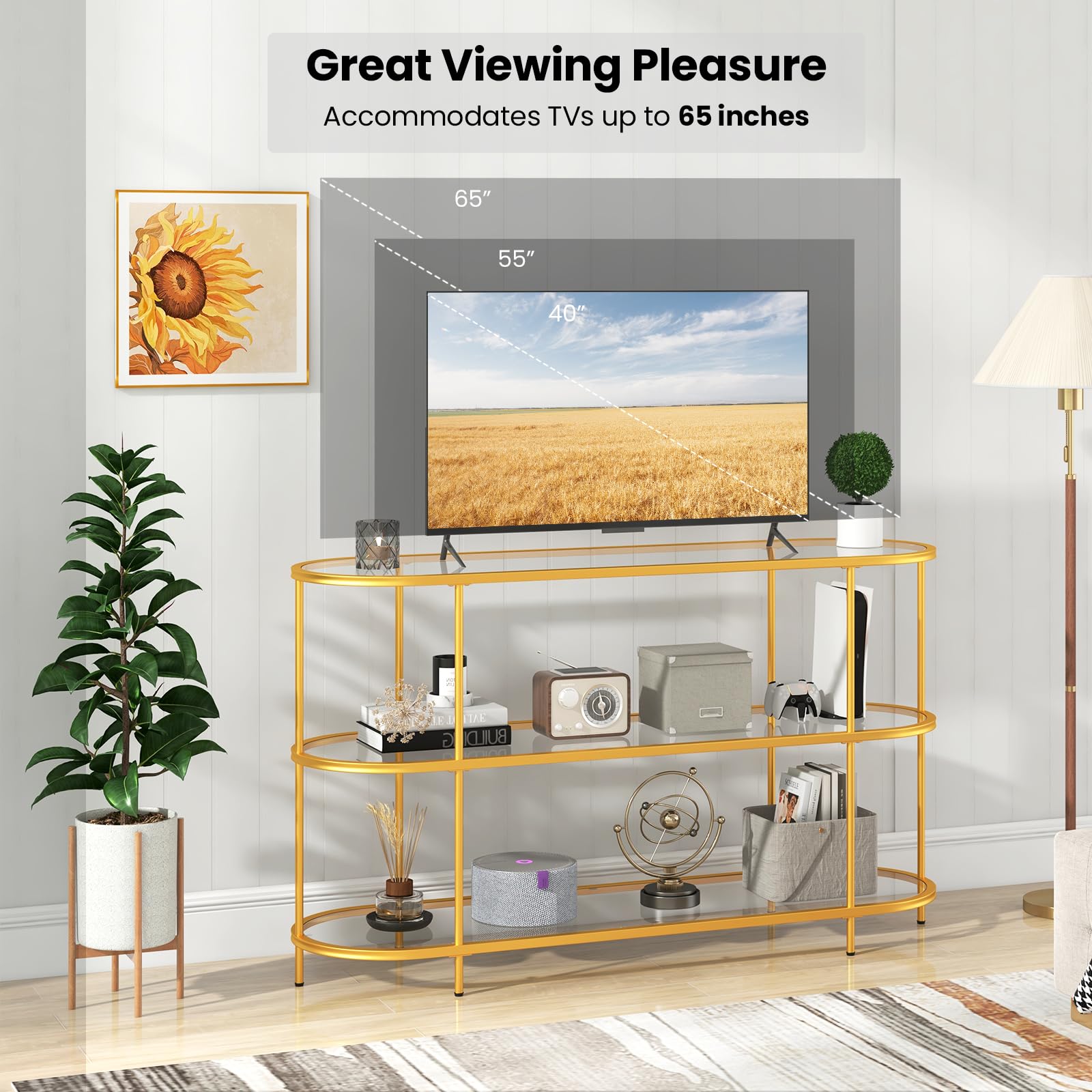 Meuble TV KOMFOTTEU Pour écrans Jusqu'à 55 Pouces – 3 Niveaux, Porte Et Pieds Réglables | Design Moderne Pour Salon Et Bureau