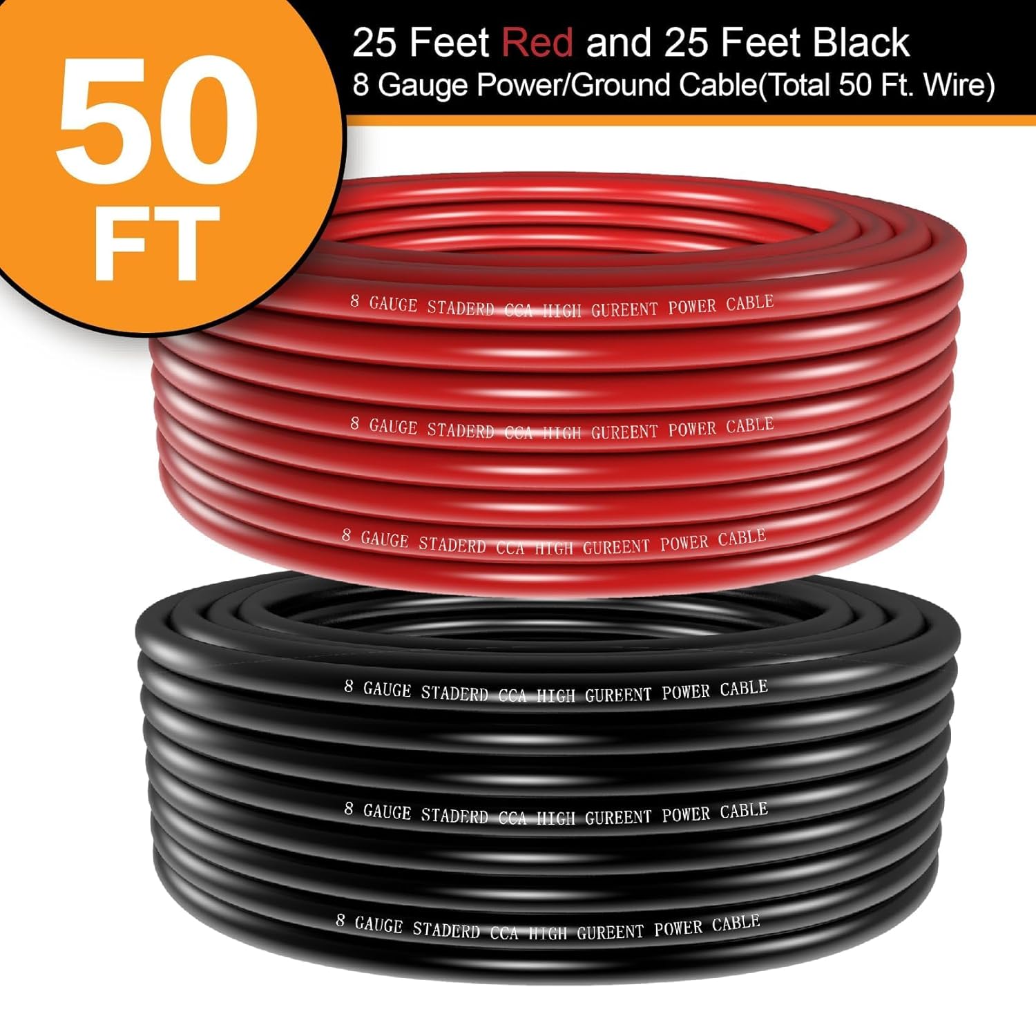 8 Gauge Wire Copper Aluminum CCA 50FT(25FT Red+25FT Black) Power & Ground Cable with 60A Fuse Holder,8ga Lugs,3:1 Heat Shrink Tube - Amp Wiring Kit for Car Audio,Battery,RV Trailer,Marine