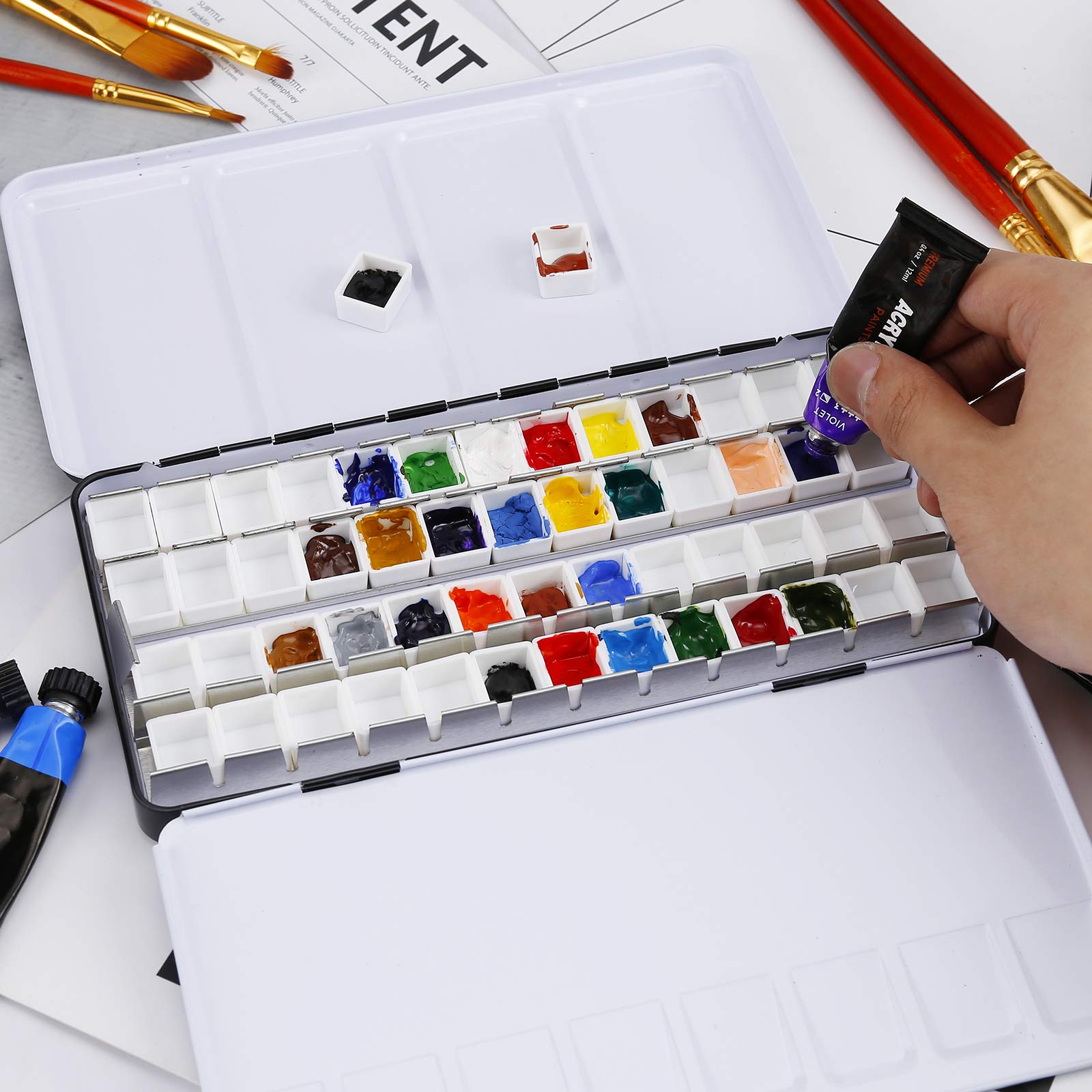 MYARTOOL Boîte de peinture en métal, palette pliable pouvant contenir 48 demi-poêles, palette de voyage, acrylique et aquarelle