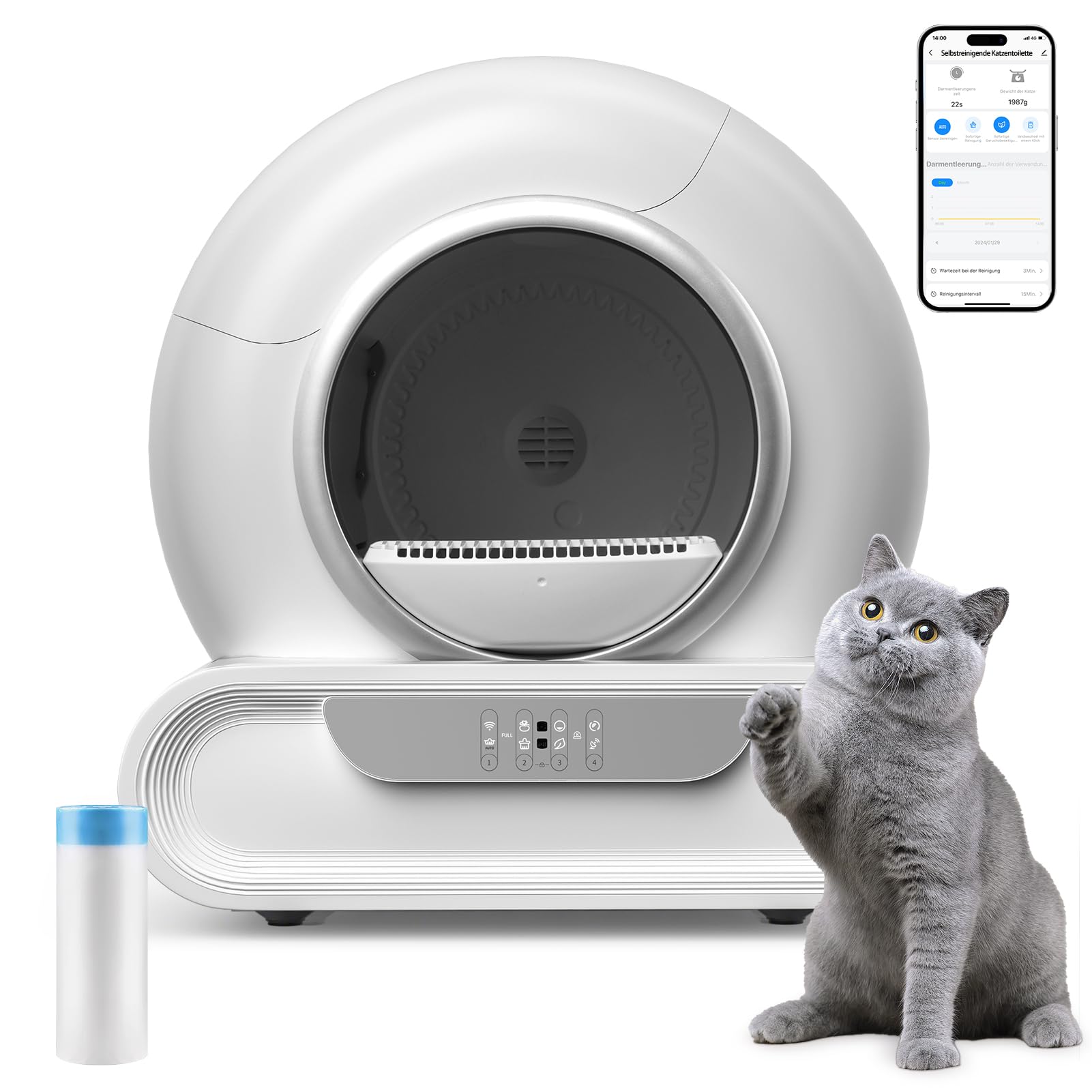 Arenero para gatos autolimpiante eléctrico de 68 l, caja de arena automática autolimpiante con bolsas de basura, control de entrada baja/APP/desodorador/monitor Health