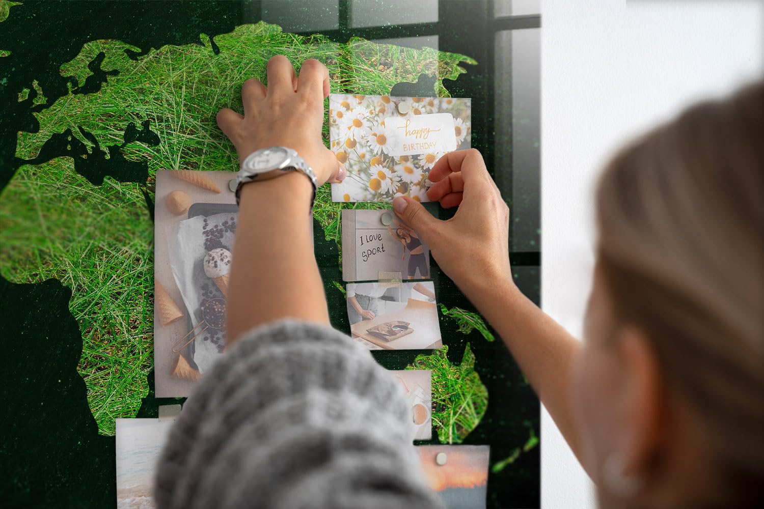 Magnettafel für Schule Gastronomie und Büro 120x60 Grasige Weltkarte | Pinnwand | Glas | Memo | Organizer | Planer | Sicherheitsglas | Paneel | Infoboard | Wochenplaner | Terminkalender