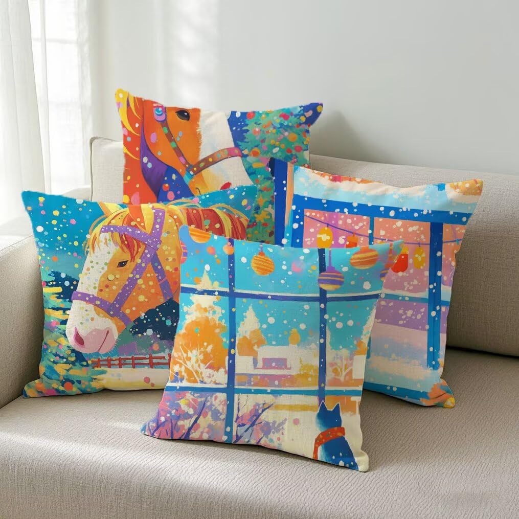 Kissenbezug 40x40 cm 4er Set Outdoor Kissen Weihnachten Gartenkissen Beidseitiger Druck Sofakissen Pferd Dekokissen Wetterfest Leinen Kissenhülle für Garten Balkon Terrasse Wohnzimmer Deko Ym474