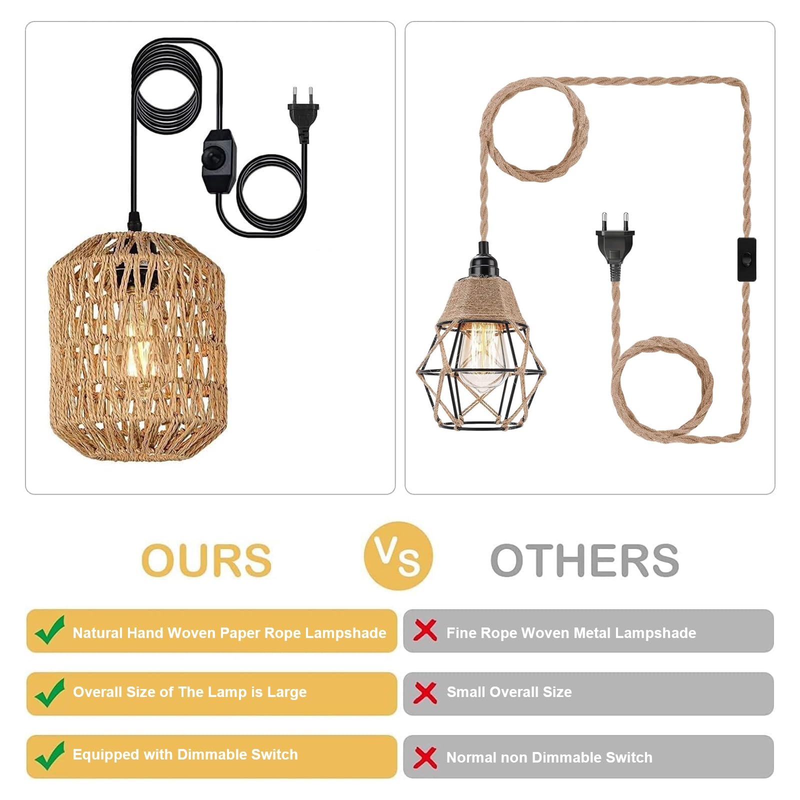 E27 Vintage Lampa Wisząca z Wtyczką i Kablem 4.5M, Ø18cm | Retro Lampa Wisząca z Przełącznikiem Ściemnialnym, Osłona Lampowa z Liny Konopnej DIY, Wewnętrzna/Zewnętrzna Lamp