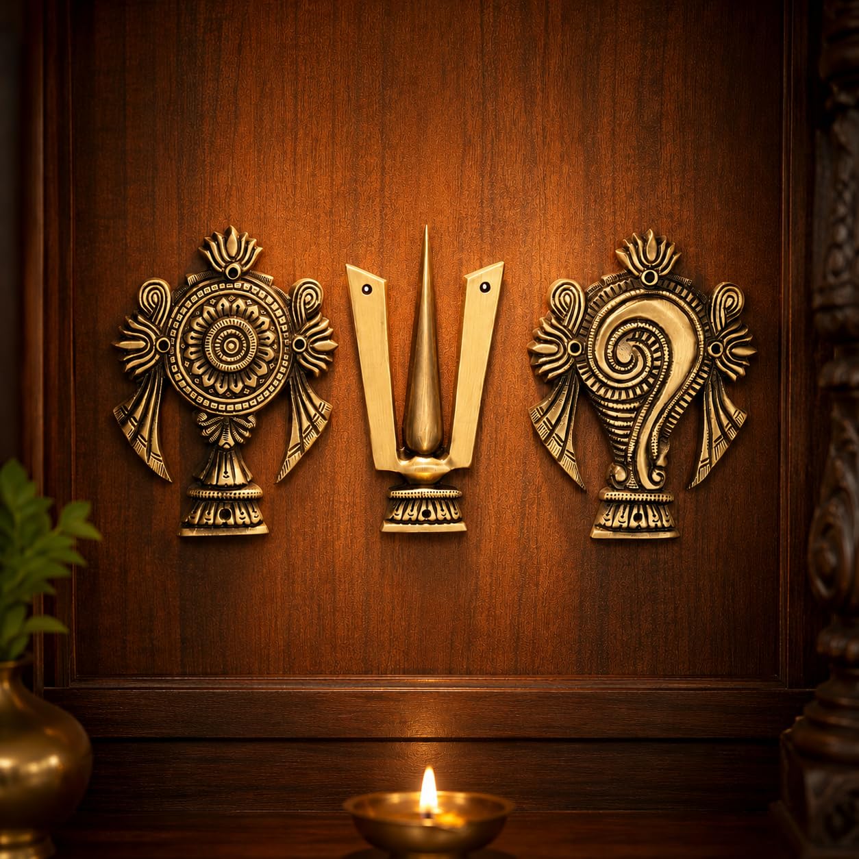 Brass Shankh Chakra Tilak Antique Finish Wall Decor Set for Home Entrance & Pooja Room | 3-Piece Sacred Wall Hanging | Vastu & Spiritual Decor & Festive Decoration | Antique Finish-image-42