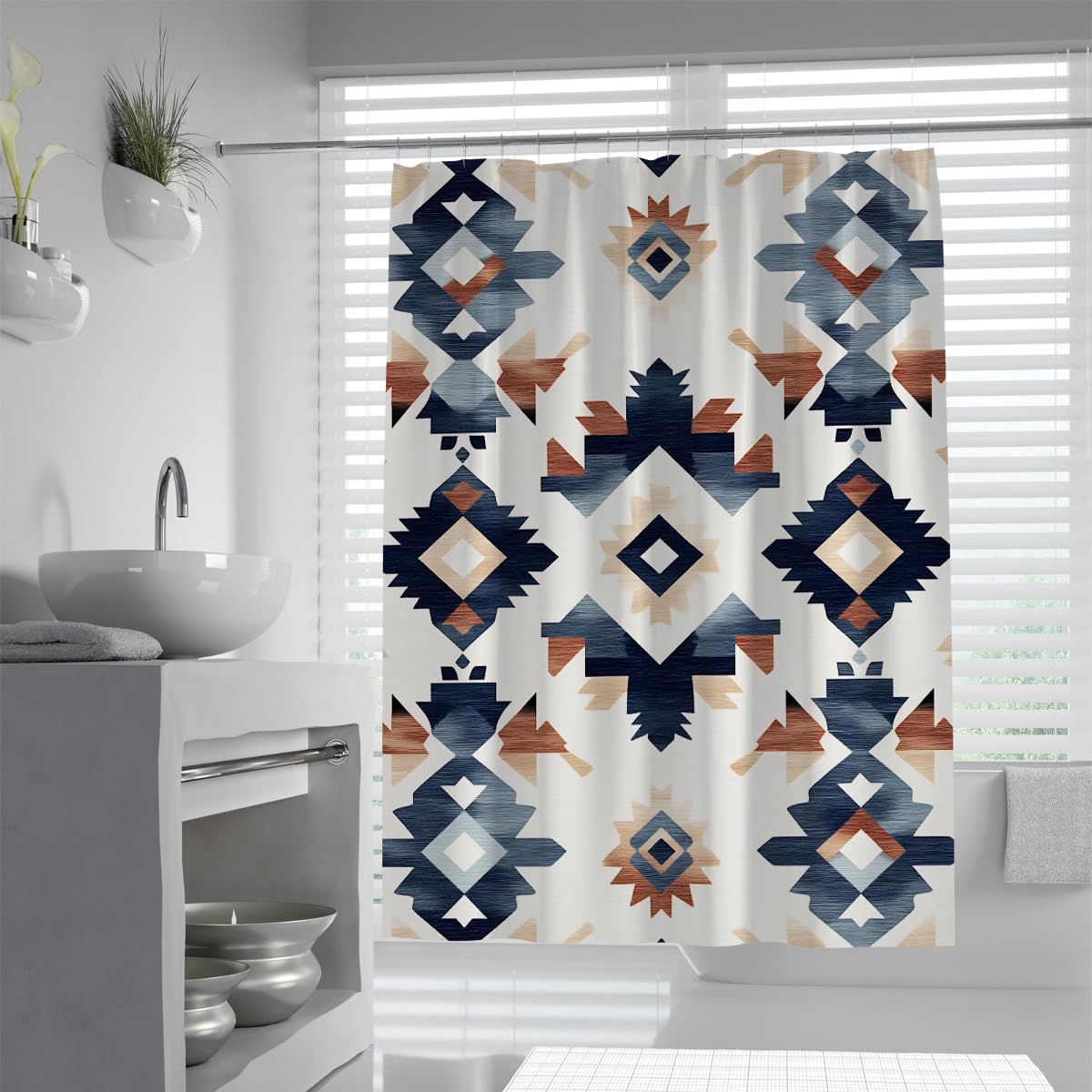 UERWOWELL Boho Tribal Shower Curtain Vertical Alignment Geometric Fabric Bath Curtains Southwestern Style Bathroom Decor Washable with Hooks W90xL180 cm