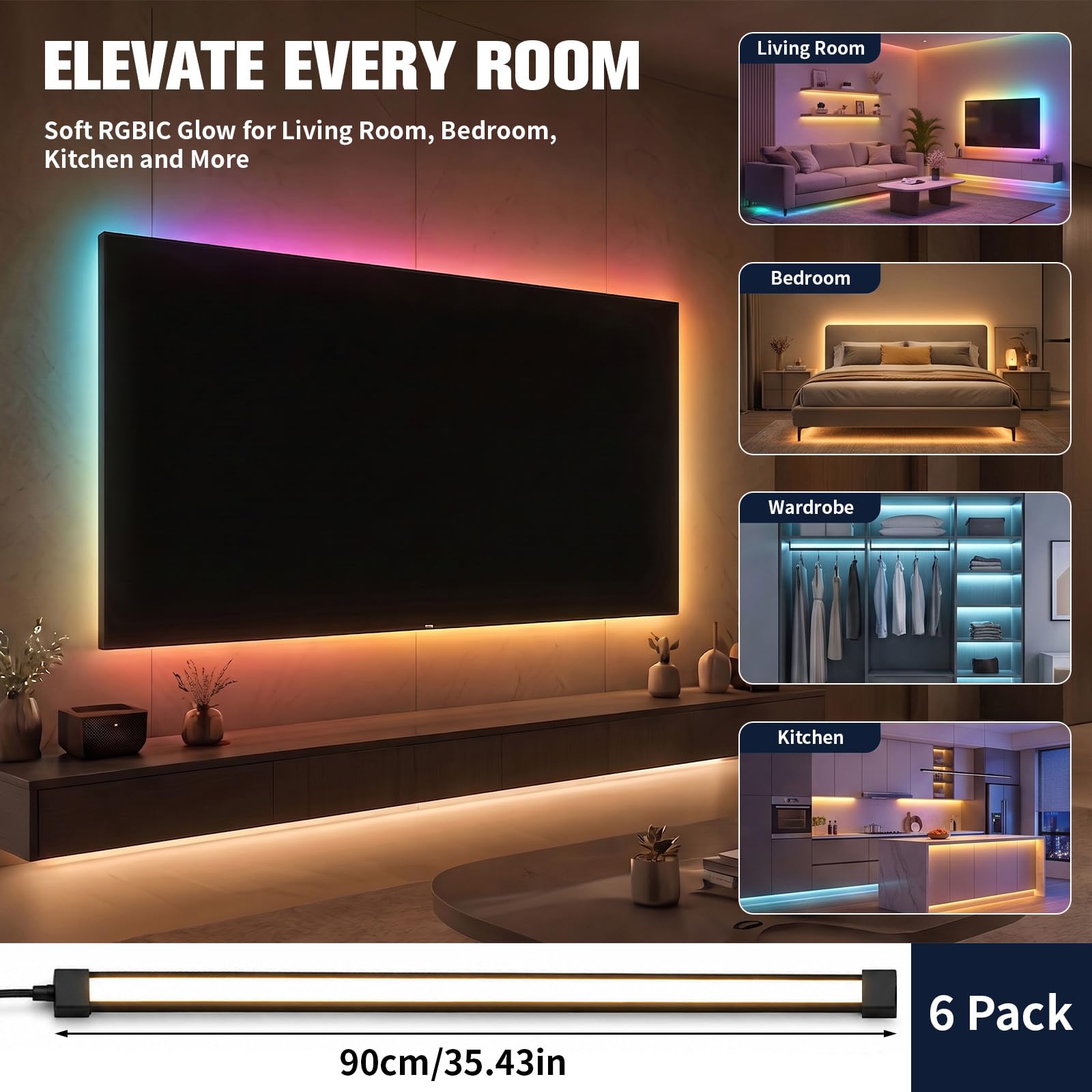 RGB LED para paneles acústicos – 6 tiras LED de 90 cm se pueden cortar con mando a distancia, regulables, iluminación de paneles acústicos, sincronización de música, para paneles acústicos, pared de