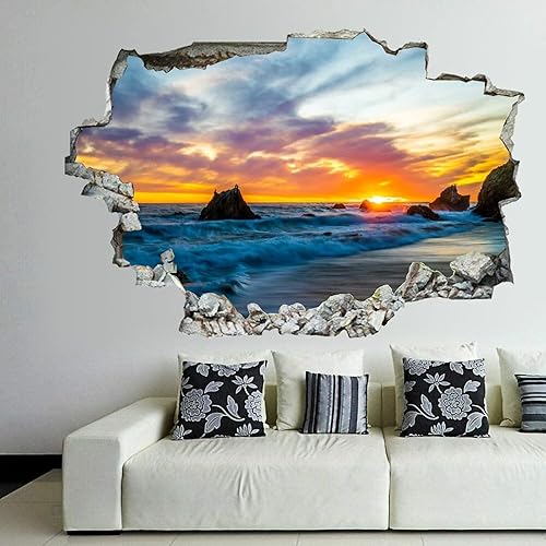 Calcomanía de pared de playa de arena y playa de la costa de Estados Unidos, diseño de paisaje 3D de atravesar la pared, vinilo extraíble de PVC,