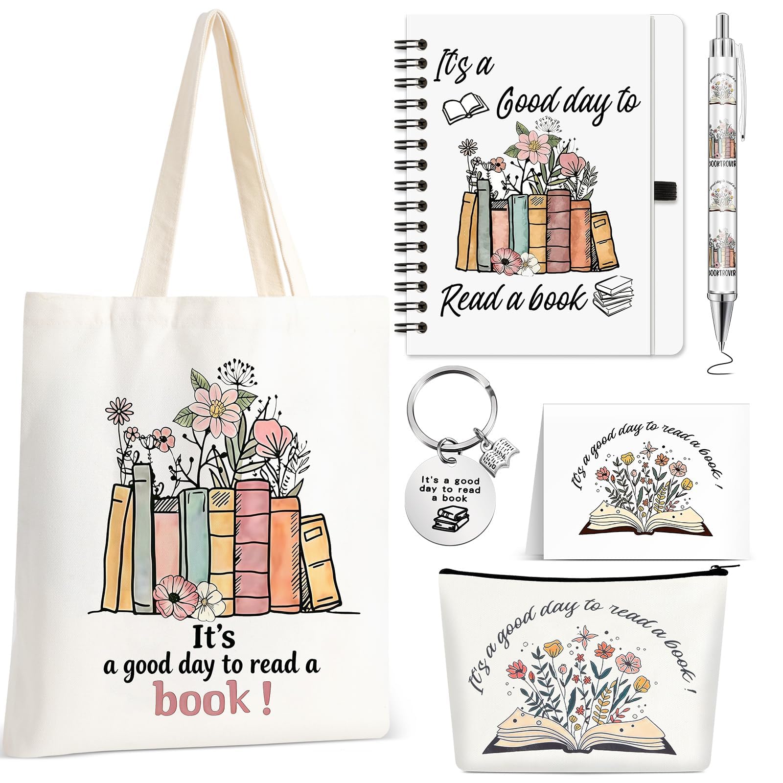 Buchliebhaber-Geschenk für Frauen, 6 Stück, Buchzubehör, Buch-Geschenke, inklusive Schlüsselanhänger, Leinen-Tragetasche, Bücher, Liebhaber, Reißverschluss, Make-up-Tasche, Notizbuch, Stift