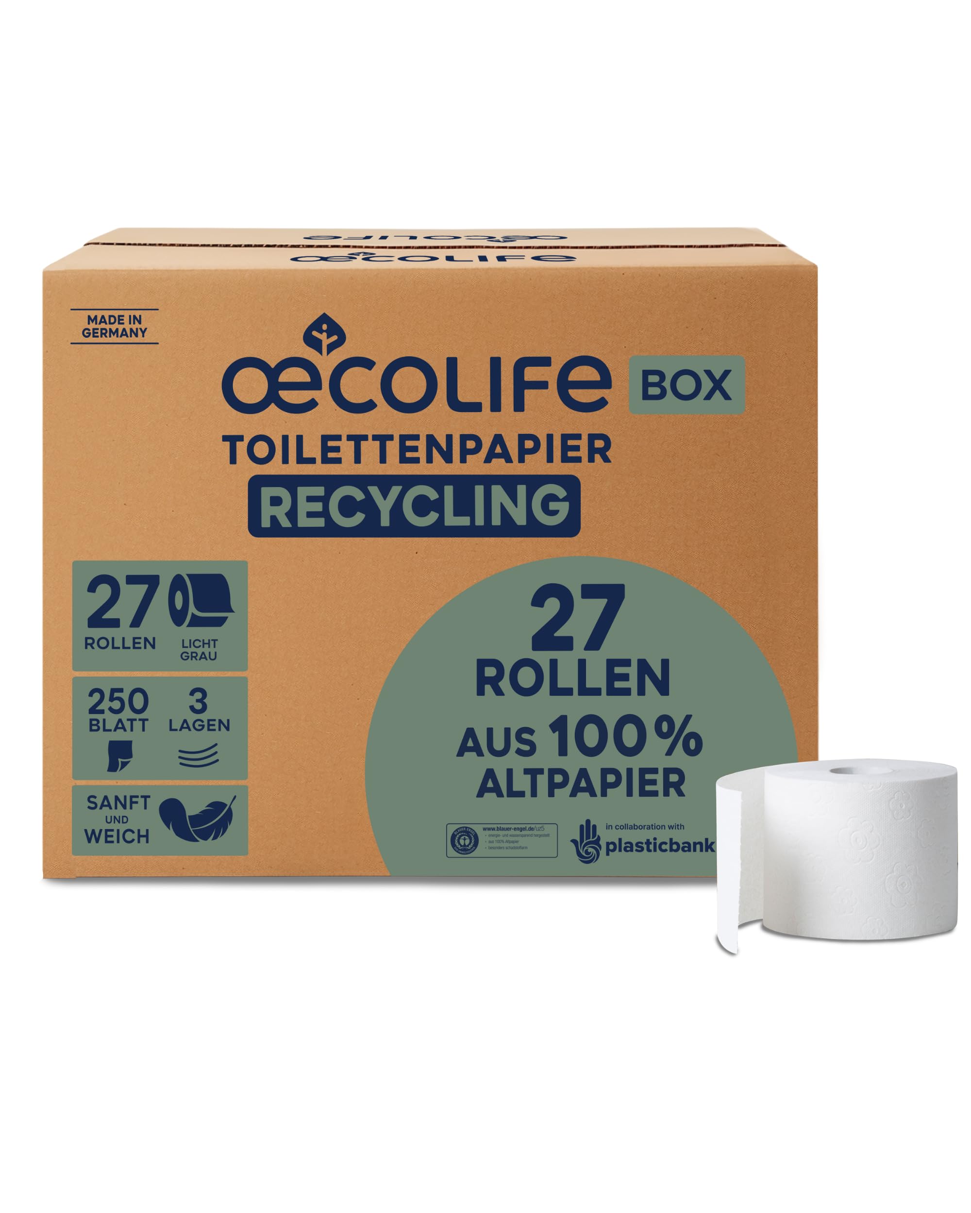 œcolife Toilettenpapier Box Recycling, 3-lagig, 27 Rollen, 250 Blatt pro Rolle, Recyclingpapier, plastikfrei verpackt, hellgraues Papier, angenehm weich und sanft | angenehm weich